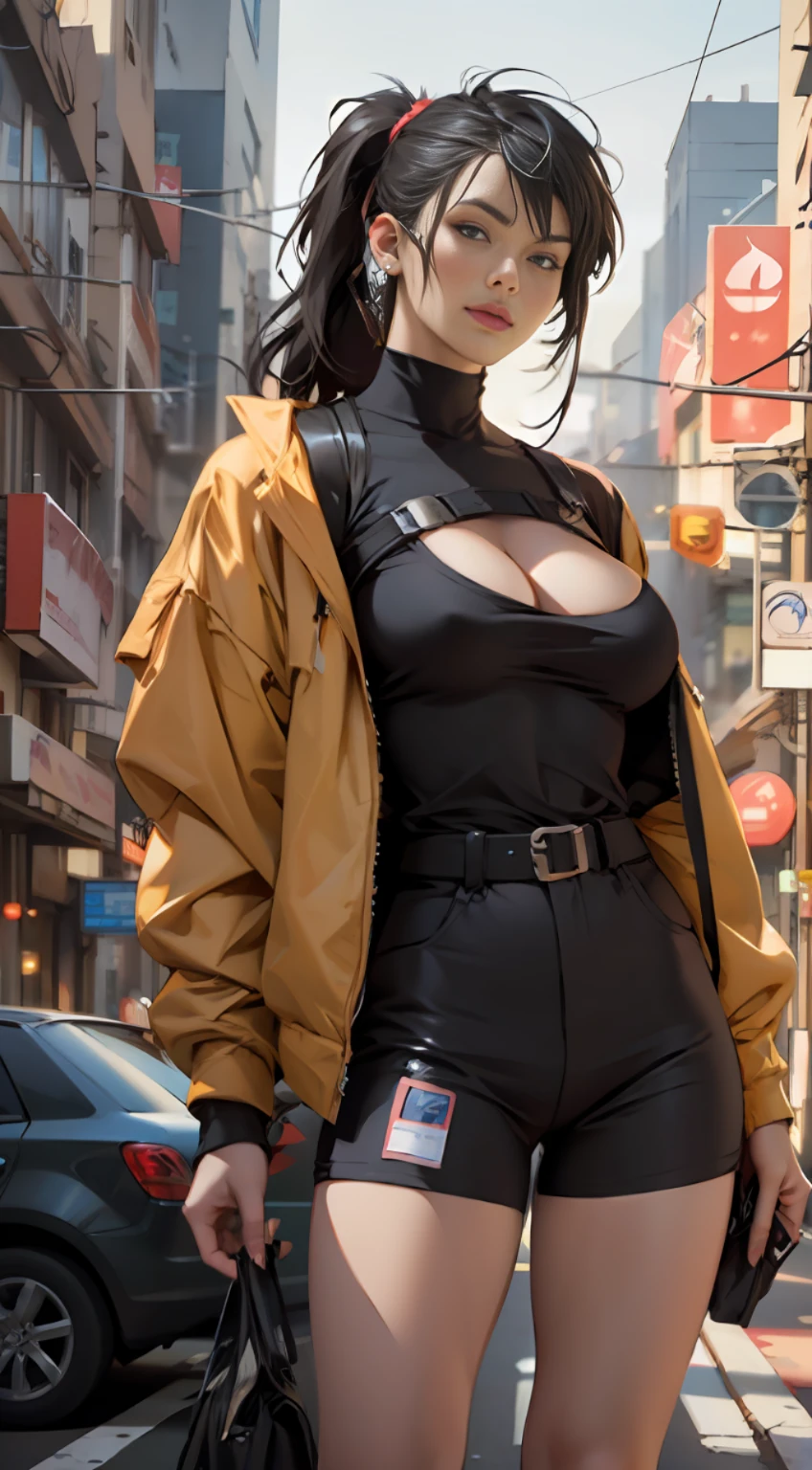 arafed beautyful lady in yellow jacket standing on street corner, pony tail, cleavage, high-waist mini shorts cargo. cyberpunk city, standing tall, busty, in a city street, Shifted Bangs Japanese Haircut, wearing urban techwear, realistic depiction, standing in a city center, an ultra realistic, promo image, techwear look and clothes, in city street, hyper-realistic, hyper - realistic, wojtek fus, hyper realistic style