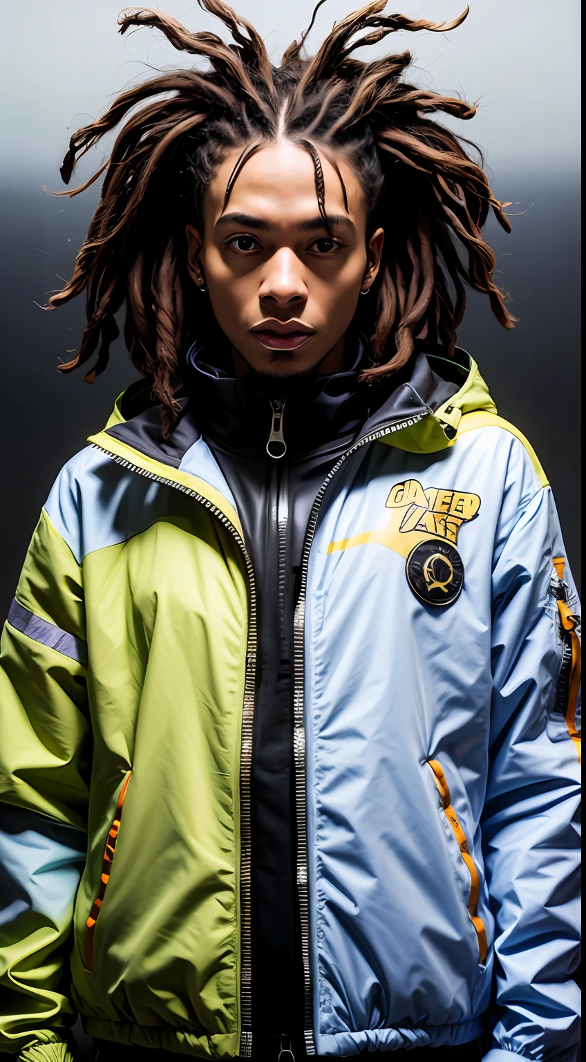 1 rapper with dreads hair, ToxicPunkAI techwear jacket, minimalist abstract ToxicPunkAI music mixer and speakers background, bubbles, melt, detailed, intricate