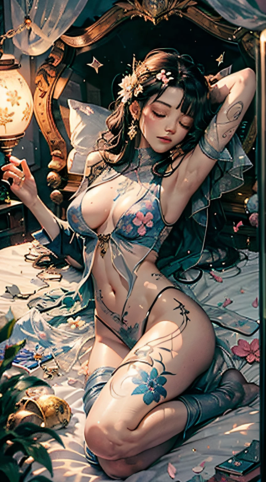 Sleeping Beauty, by Bella🦋 full body, beautiful girl sleeping, room with mirror, girl sleeping on bed and sheets, old clock and lamp on table, full body, black hair, Transparent clothing,open legs, view of pubic hair, 1 sexy girl in transparent forest clothes,exposed breasts, open transparent t-shirt,mandala and flower tattoos, La mejor calidad, Obra maestra, llustration, muy delicado y hermoso, muy detallado, CG, Unidad, Fondo de pantalla de 8k, ridiculous, huge filesize, lente muy ancha, Luz suave,Sleeping Beauty, by Bella🦋 full body, beautiful girl sleeping, full body, black hair, Transparent clothing, slight smile,, open legs, view of pubic hair, 1 sexy girl in transparent forest clothes,exposed breasts, open transparent t-shirt,mandala and flower tattoos, La mejor calidad,