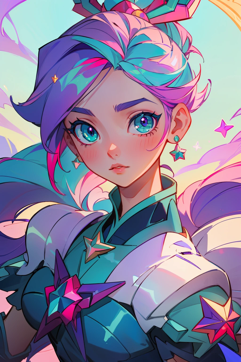 (masterpiece, best quality), intricate details, 8k, artstation, sharp focus, 1girl, star guardian, league of legends, (pink, purple, aqua color theme)