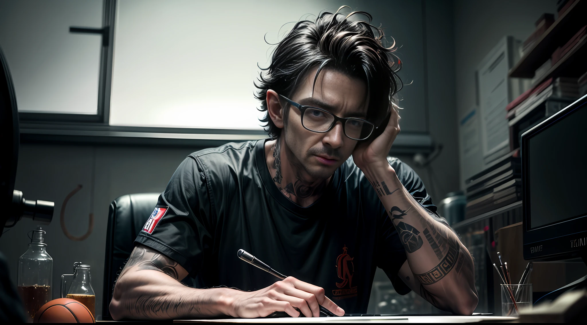 Nerd very thin man, uggly, basketball shirt, tatoos, typing on a laptop, crown as a hat,Big glasses sitting, detailed eyes, detailed face, inside his lab,
, crazy scene from a movie, dramatic shooting angle, atmospheric particles,
Real, raw cinematic photorealism, action portrait, 8k, detailed, centered, full frame