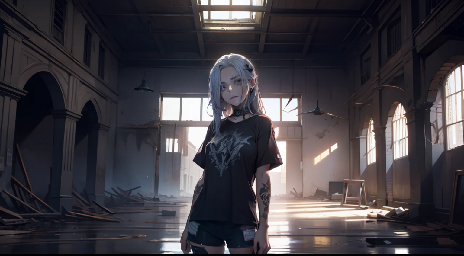 "o (garota) is depicted in a (goth) estilo vestindo um (Camiseta Blackmetal) e (saia preta curta). Ela tem (cabelos pretos longos) e um (neck tattoo), com (peitos grandes) that draw attention to her (pale skin). Ou (cara triste) retrata um (sentimento interior de morte), which is emphasized by the (desolado) arredores de (interior Brasil), (urban decay), (deserted buildings) , com (nevoeiro ao redor)."