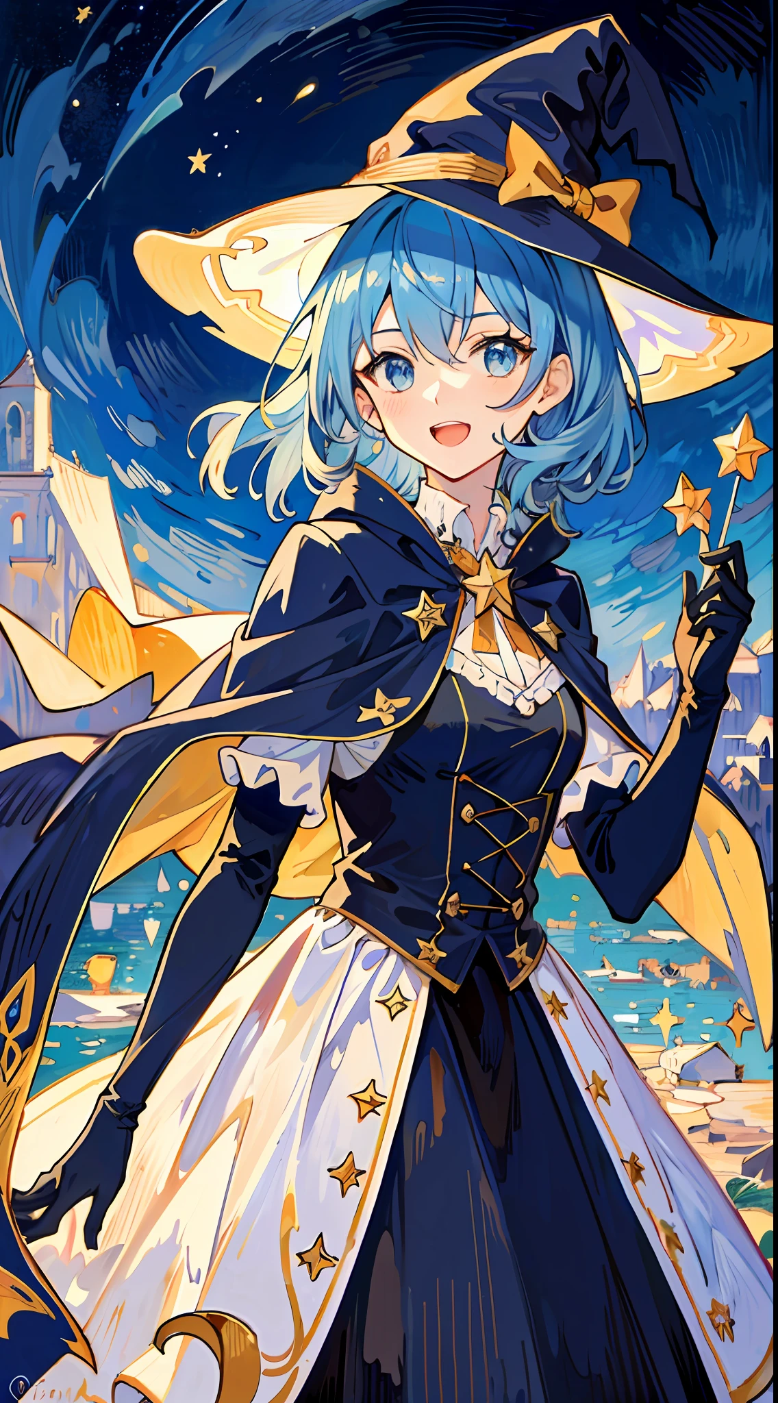 ((masterpiece:1.2, best quality)), 1girl, solo, (witch hat), a close up of a girl with curl hair, short hair, dress, aurora, night, star (sky), gloves, sky, dress, night sky, open mouth, starry sky, light blue eyes, ribbons, smile, cape, blue hair, magic, casting spell, night, (impressionism:1.4), alphonse mucha, Halloween colors, colorful candy