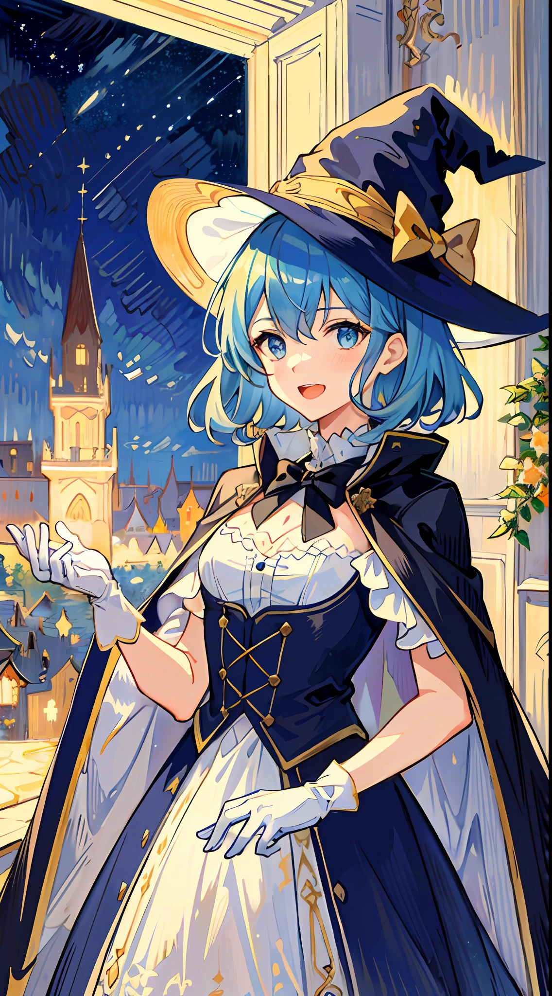 ((masterpiece:1.2, best quality)), 1girl, solo, (witch hat), a close up of a girl with curl hair, short hair, dress, aurora, night, star (sky), gloves, sky, dress, night sky, open mouth, starry sky, light blue eyes, ribbons, smile, cape, blue hair, magic, casting spell, night, (impressionism:1.4), alphonse mucha, Halloween colors, colorful candy