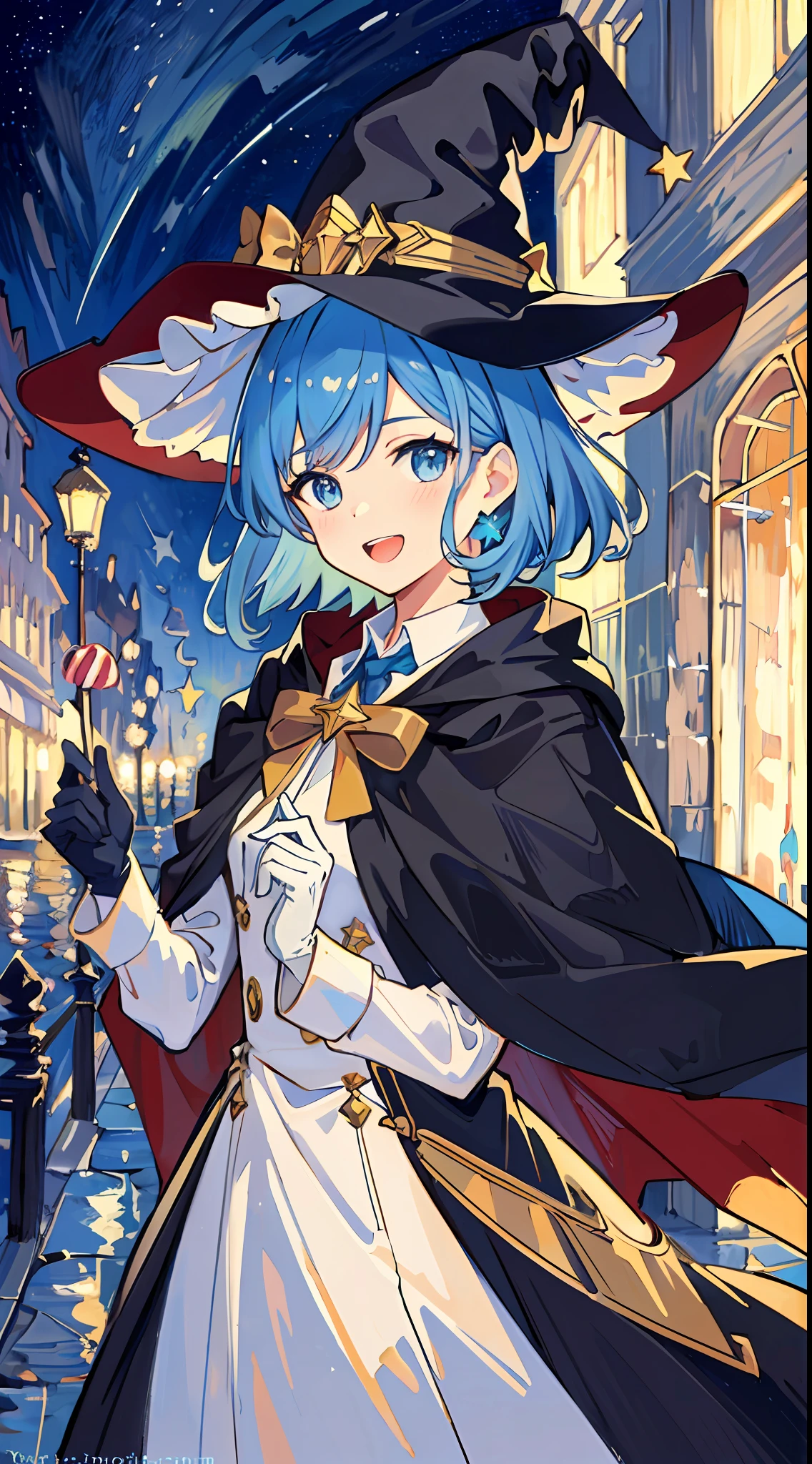 ((masterpiece:1.2, best quality)), 1girl, solo, (witch hat), a close up of a girl with curl hair, short hair, dress, aurora, night, star (sky), gloves, sky, dress, night sky, open mouth, starry sky, light blue eyes, ribbons, smile, cape, blue hair, magic, casting spell, night, (impressionism:1.4), alphonse mucha, Halloween colors, colorful candy