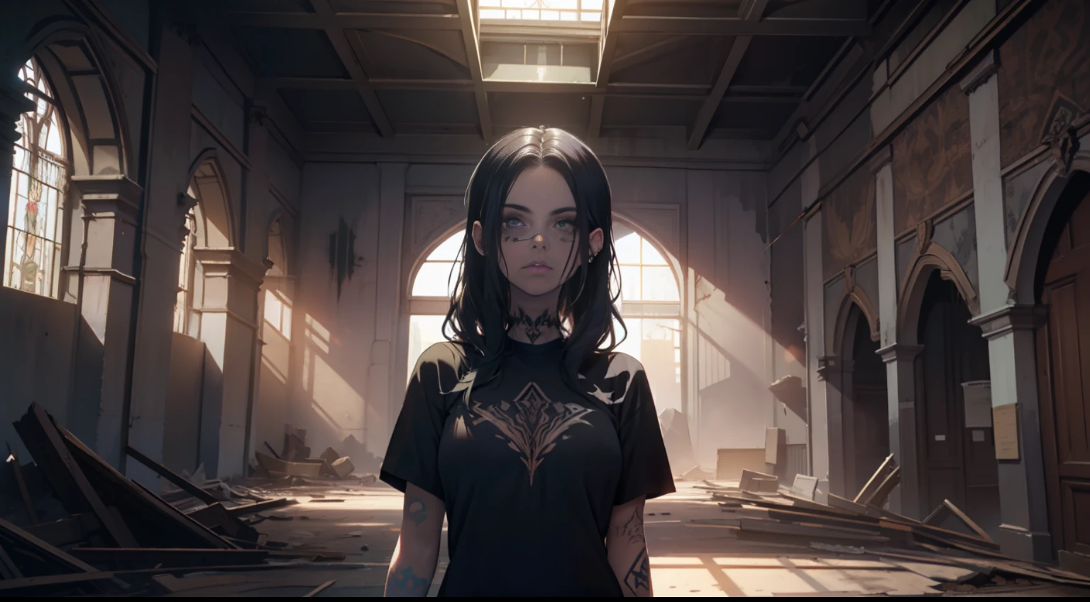 "o (garota) is depicted in a (goth) estilo vestindo um (Camiseta Blackmetal) e (saia preta curta). Ela tem (cabelos pretos longos) e um (neck tattoo), com (peitos grandes) that draw attention to her (pale skin). Ou (cara triste) retrata um (sentimento interior de morte), which is emphasized by the (desolado) arredores de (interior Brasil), (urban decay), (deserted buildings) , com (nevoeiro ao redor)."