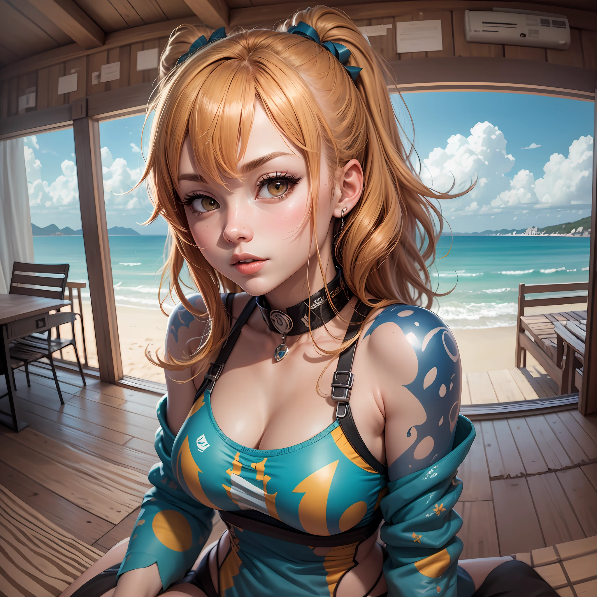 Nami-inspired cute girl taking selfie at beach house, anime style, anime style, hypermaximalist, cute, desirable,Hyper res,HD,ultra detail,unreal engine 5 --auto --s2