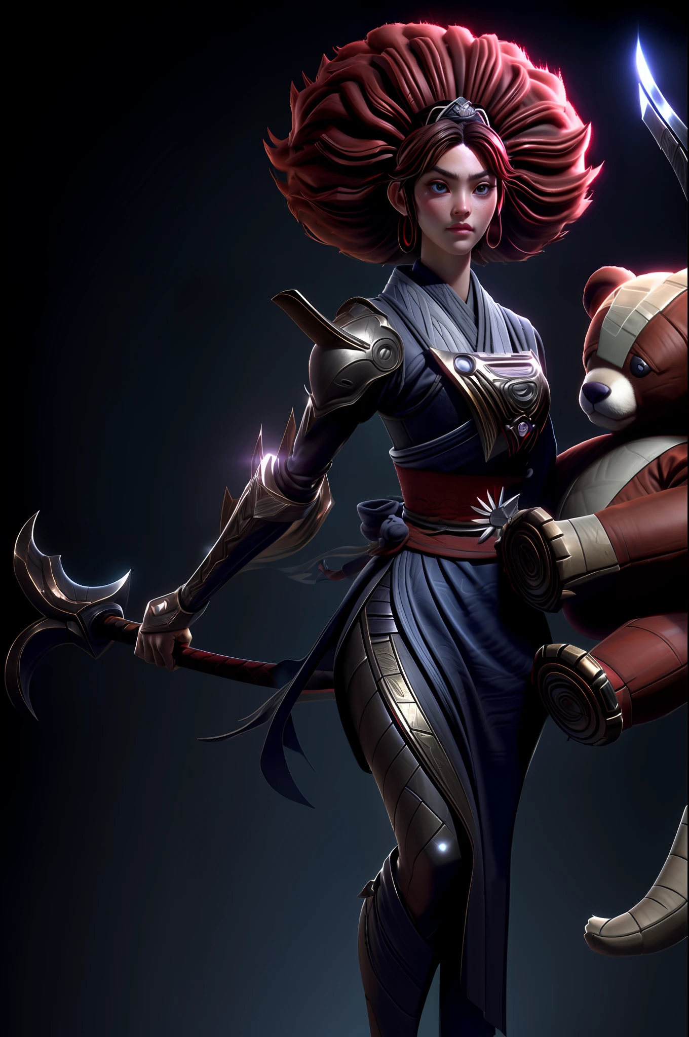 Volumetric lighting. Cinematic lighting. Full body portrait. Centered. Close-up. by Hayao Miyazaki. Hyper-realistic. Highly detailed. A 18-year-old African woman samurai, her {{sword}} held firmly in her right hand and a ((big teddy bear)) tucked in her left arm. Her beauty is illuminated by the light of the rising sun. She has a (huge afro). She has on {{{realistic samurai armor}}}.