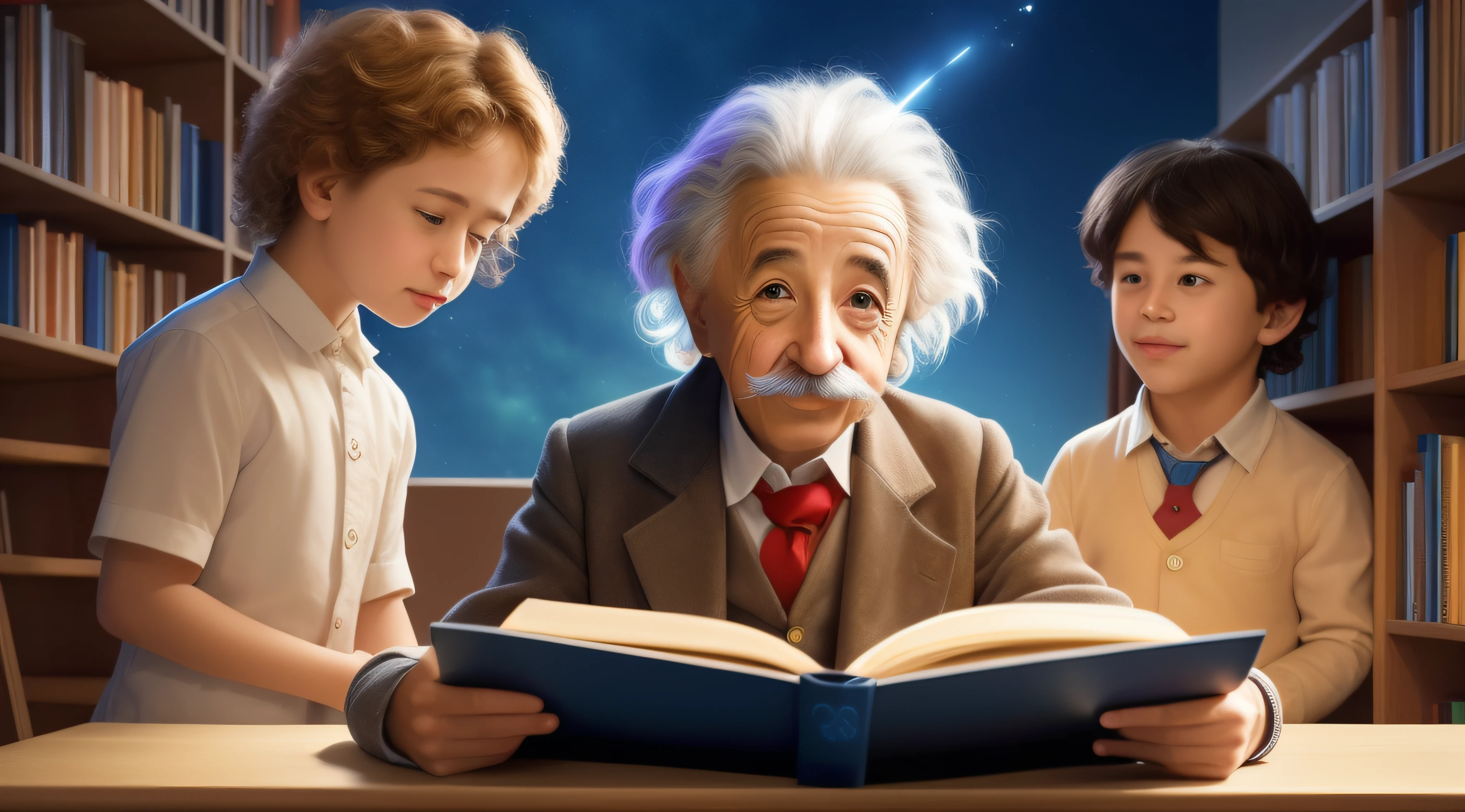 Albert Einstein, the renowned physicist, engages in a delightful role reversal as he takes on the role of storyteller for a group of captivated children. With a smile on his face, Einstein immerses himself in a book of whimsical fairy tales, bringing the imaginative stories to life through his animated storytelling. As he reads, his infectious enthusiasm sparks the children's imagination and ignites their curiosity. This heartwarming scene showcases Einstein's ability to connect with young minds, fostering a love for both science and the wonders of the imagination.
