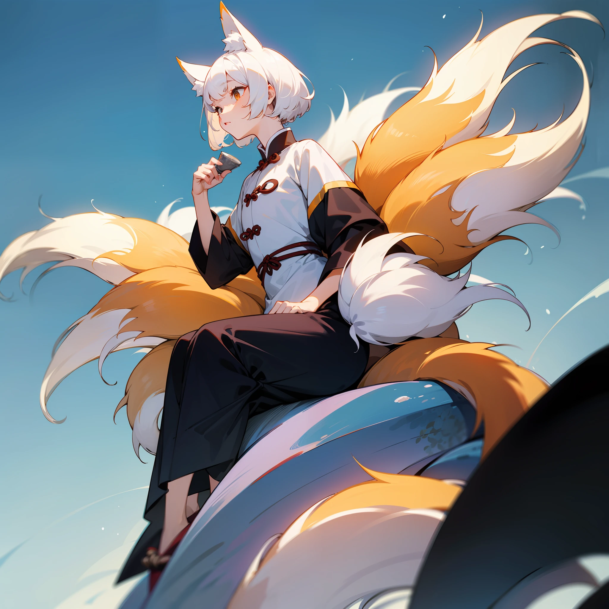 (Nine-tailed fox girl)(Poor milk)(Lively)(short-length hair)(Dressed in JK)(White hair)(Curls)(Blue background tone)Presumptuously sitting on stones(There are nine tails behind him)(Role Focus)Dress in Chinese style