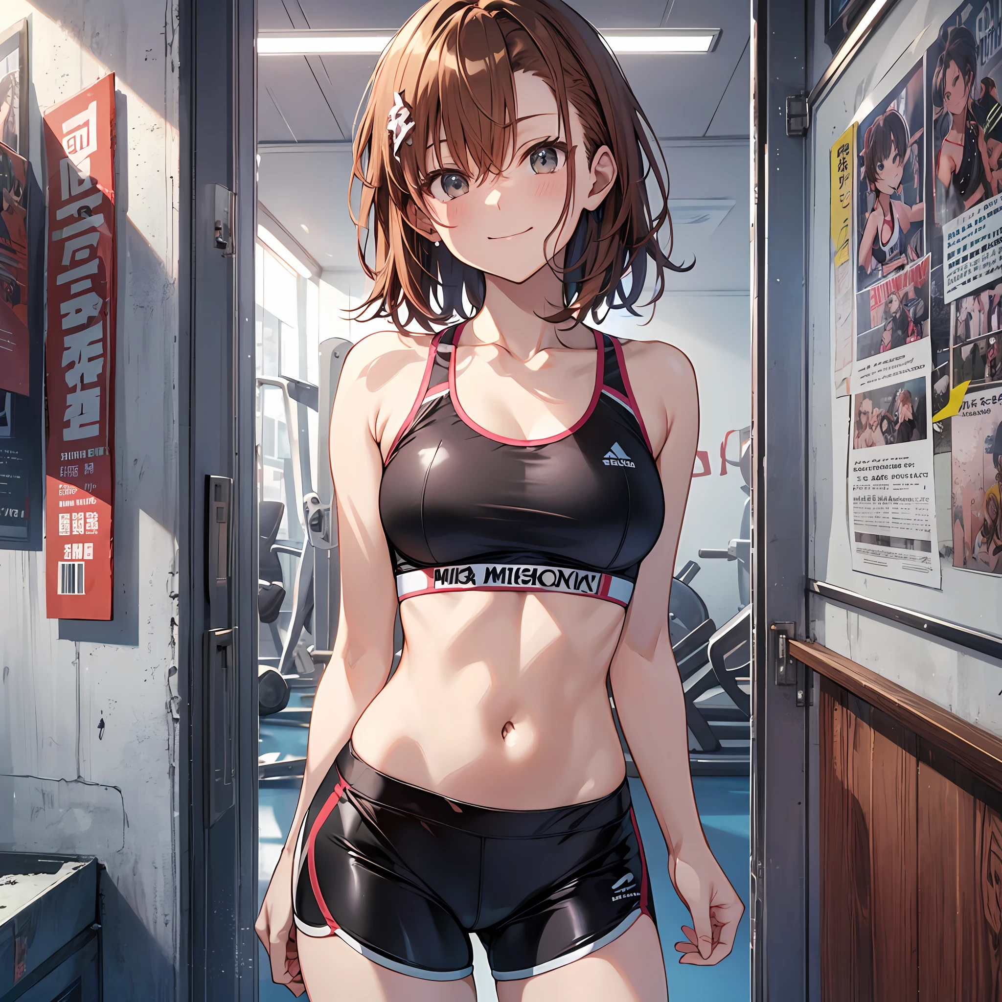 A masterpice, 4K, of the best quality, Misaka Mikoto, ribbon from, Sports Bra, Latex Shorts, are standing, arms folded, smile on face、cool expression sports gym random posing