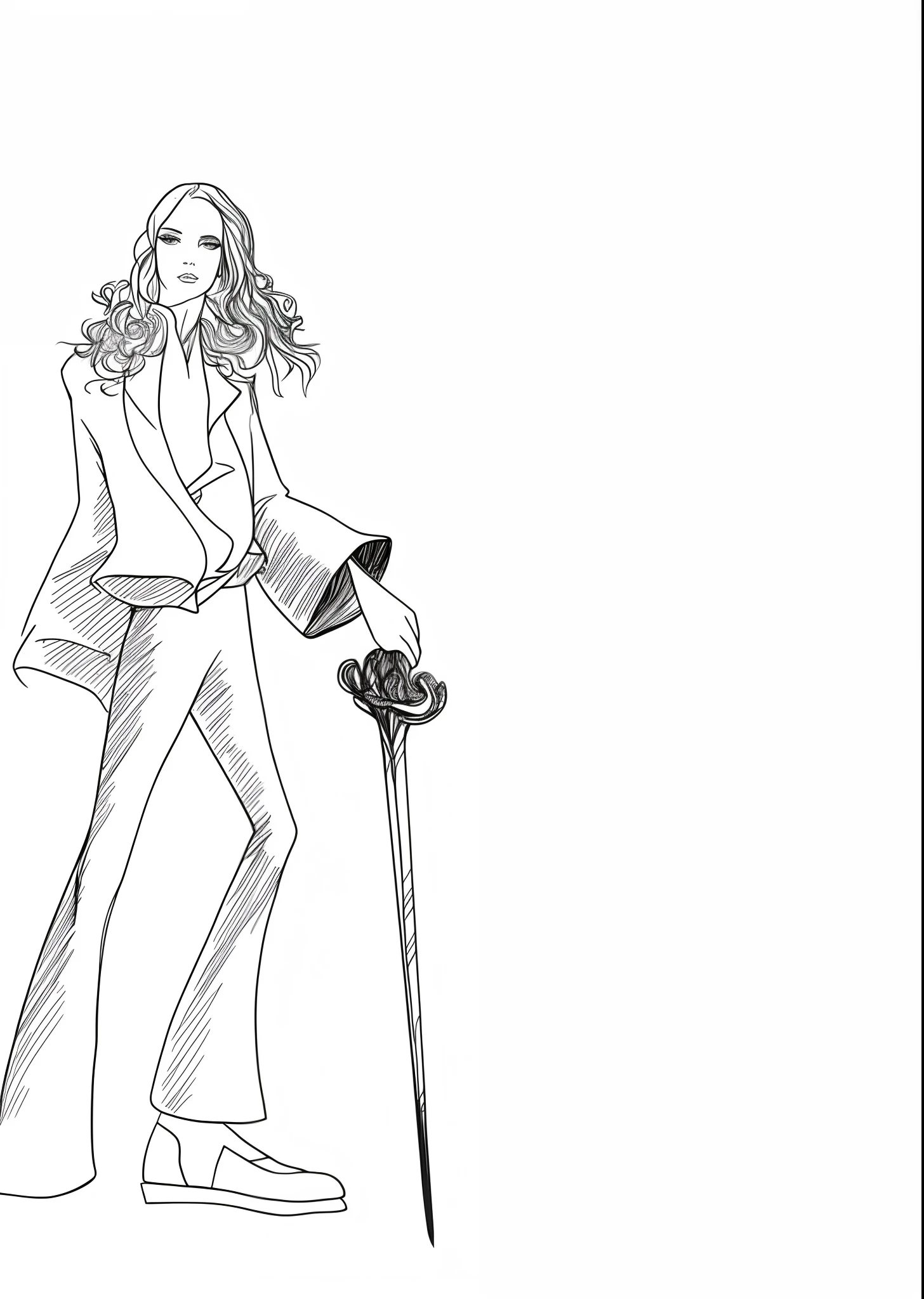 desenho de uma mulher com uma bengala e uma jaqueta, sketch illustration, flowing hair and long robes, Retrato de Alan Moore, line art illustration, divindade elegante, official illustration, vestido com roupas longas e fluentes, official character illustration, line sketch, she is holding a sword, in a flowing white tailcoat, personagem de fantasia complexa, t-pose do assistente, fashion illustration --auto