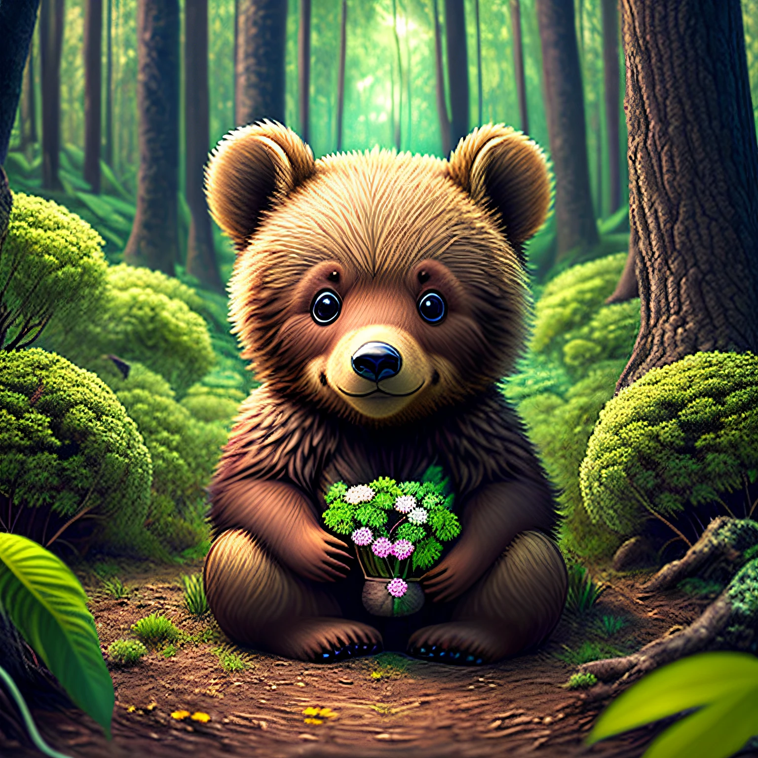 um pequeno urso curioso que vive em uma floresta encantada.