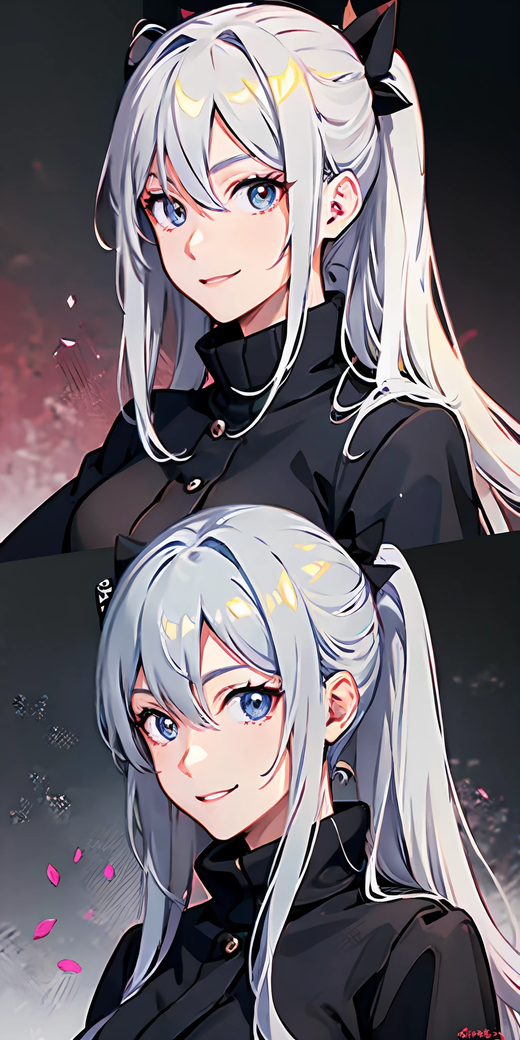 jujutsu kaisen, best quality, highres, extremely detailed character, a girl, light smile, closed mouth, beautiful detailed eyes, brown eyes, beautiful detailed black clothes, long hair, hair between eyes, white hair