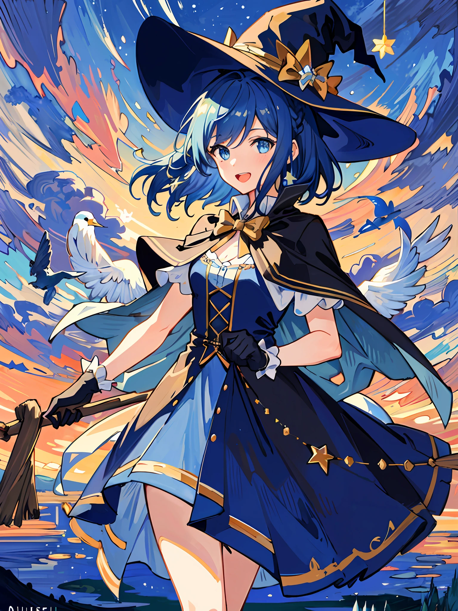 ((masterpiece:1.2, best quality)), 1girl, solo, (witch hat), a close up of a girl with short blue hair, short hair, dress, aurora, night, star (sky), gloves, sky, white dress, night sky, open mouth, starry sky, light blue eyes, ribbon, very shorthair, red dress, smile, hair ribbon, cape, blue hair, (bird), magic, casting spell, dark clouds, night, (impressionism:1.4), alphonse mucha,