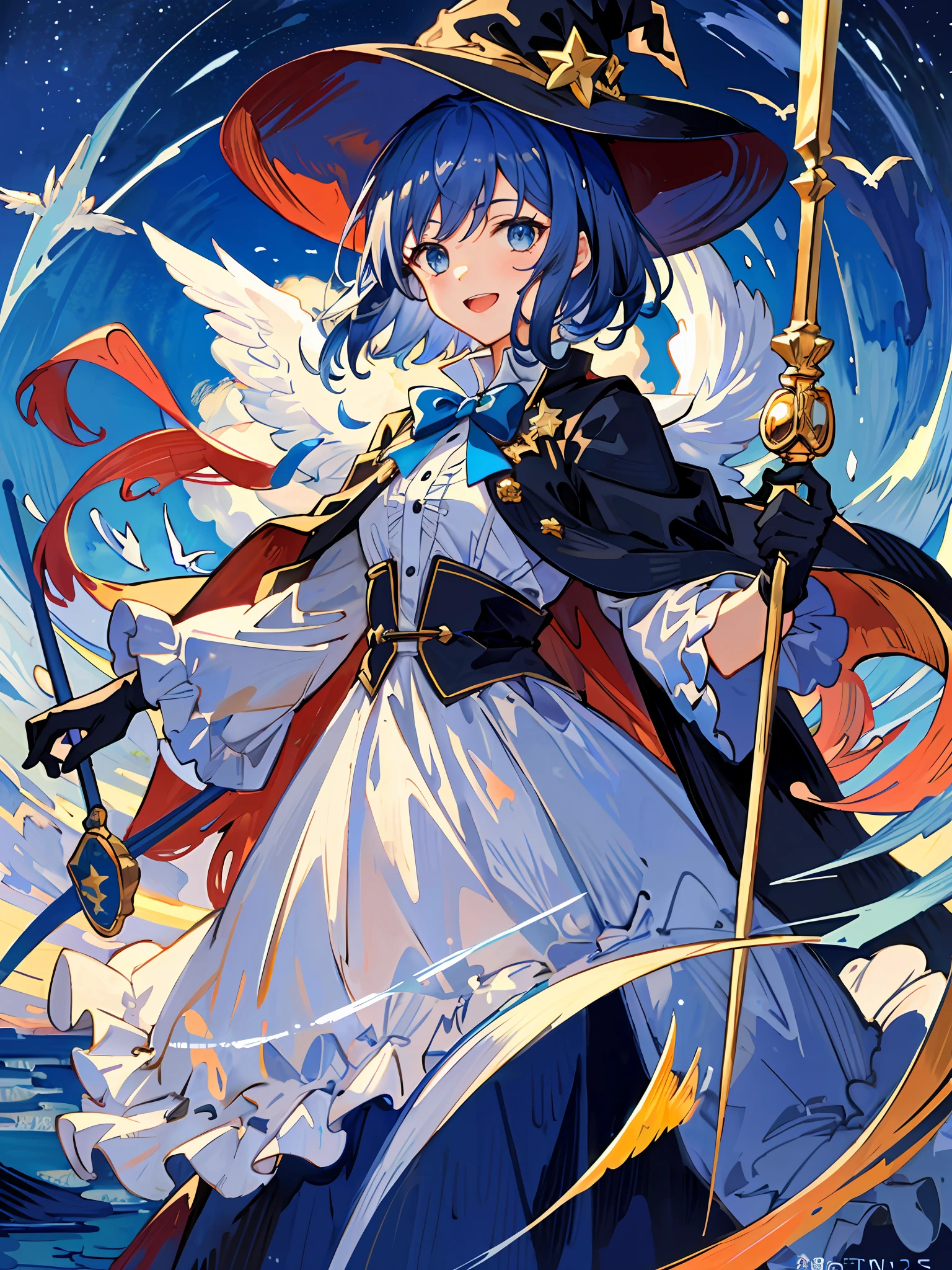 ((masterpiece:1.2, best quality)), 1girl, solo, (witch hat), a close up of a girl with short blue hair, short hair, dress, aurora, night, star (sky), gloves, sky, white dress, night sky, open mouth, starry sky, light blue eyes, ribbon, very shorthair, red dress, smile, hair ribbon, cape, blue hair, (bird), magic, casting spell, dark clouds, night, (impressionism:1.4), alphonse mucha,