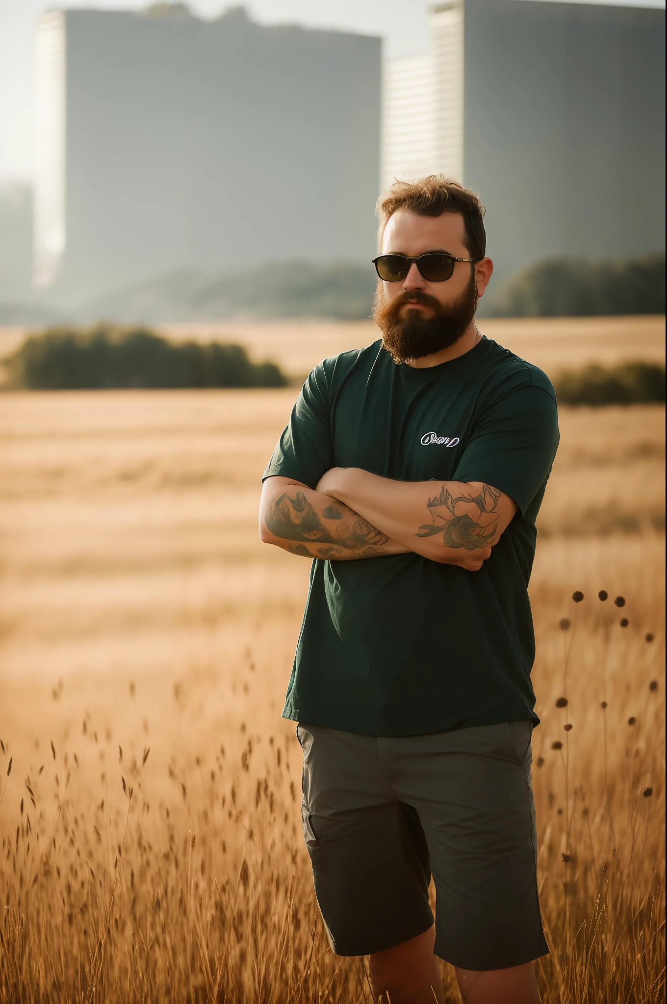 arafed man with a beard and sunglasses standing in a field, com tatuagens, Atarracado, Standing in a field with a motorcycle behind, Retrato no meio da foto, imagem retrato, retrato de alta qualidade, adam varga, Tiro na Hora de Ouro, Tiro em Sony A 7 III, standing in a grassy field, Jakub Rebelka, em um campo, in field high resolution, retrato ambiental