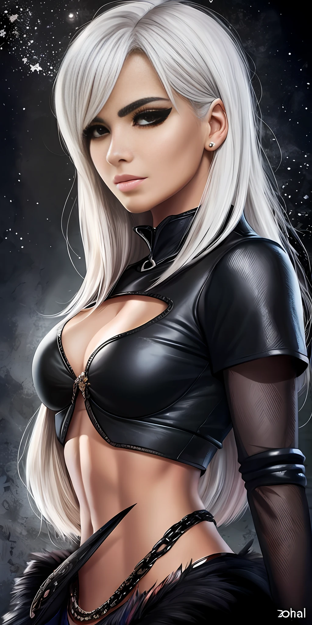Femenina, una persona, pelaje esponjoso, chica bonita, cabello blanco y negro, cabello largo y en volumen, orejas largas y peludas, {Especie:(zorro blanco)} , ojos negros, ojos grandes, {Ropa:(casual, ropa oscura)}, cuerpo cuidado, pechos grandes