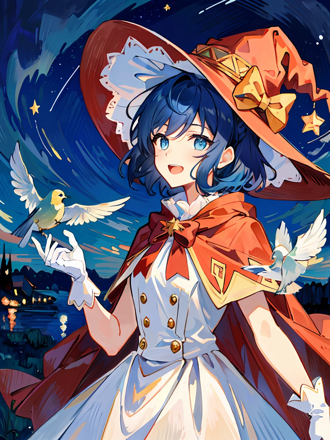 ((masterpiece:1.2, best quality)), 1girl, solo, (witch hat), a close up of a girl with short blue hair, short hair, dress, aurora, night, star (sky), gloves, sky, white dress, night sky, open mouth, starry sky, light blue eyes, ribbon, very shorthair, red dress, smile, hair ribbon, cape, blue hair, (bird), magic, casting spell, dark clouds, night, (impressionism:1.4), alphonse mucha,