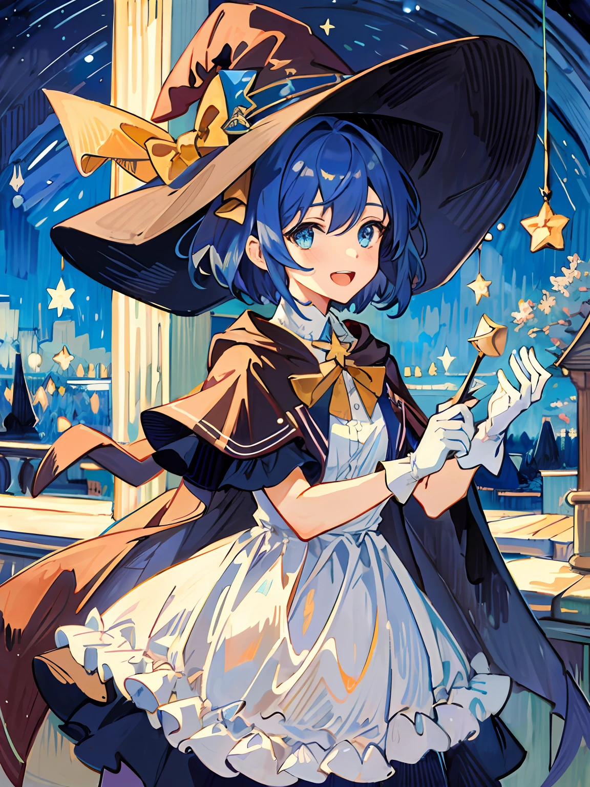 ((masterpiece:1.2, best quality)), 1girl, solo, (witch hat), a close up of a girl with short blue hair, short hair, dress, aurora, night, star (sky), gloves, sky, white dress, night sky, open mouth, starry sky, light blue eyes, ribbon, very shorthair, red dress, smile, hair ribbon, cape, blue hair, (bird), magic, casting spell, dark clouds, night, (impressionism:1.4), alphonse mucha,