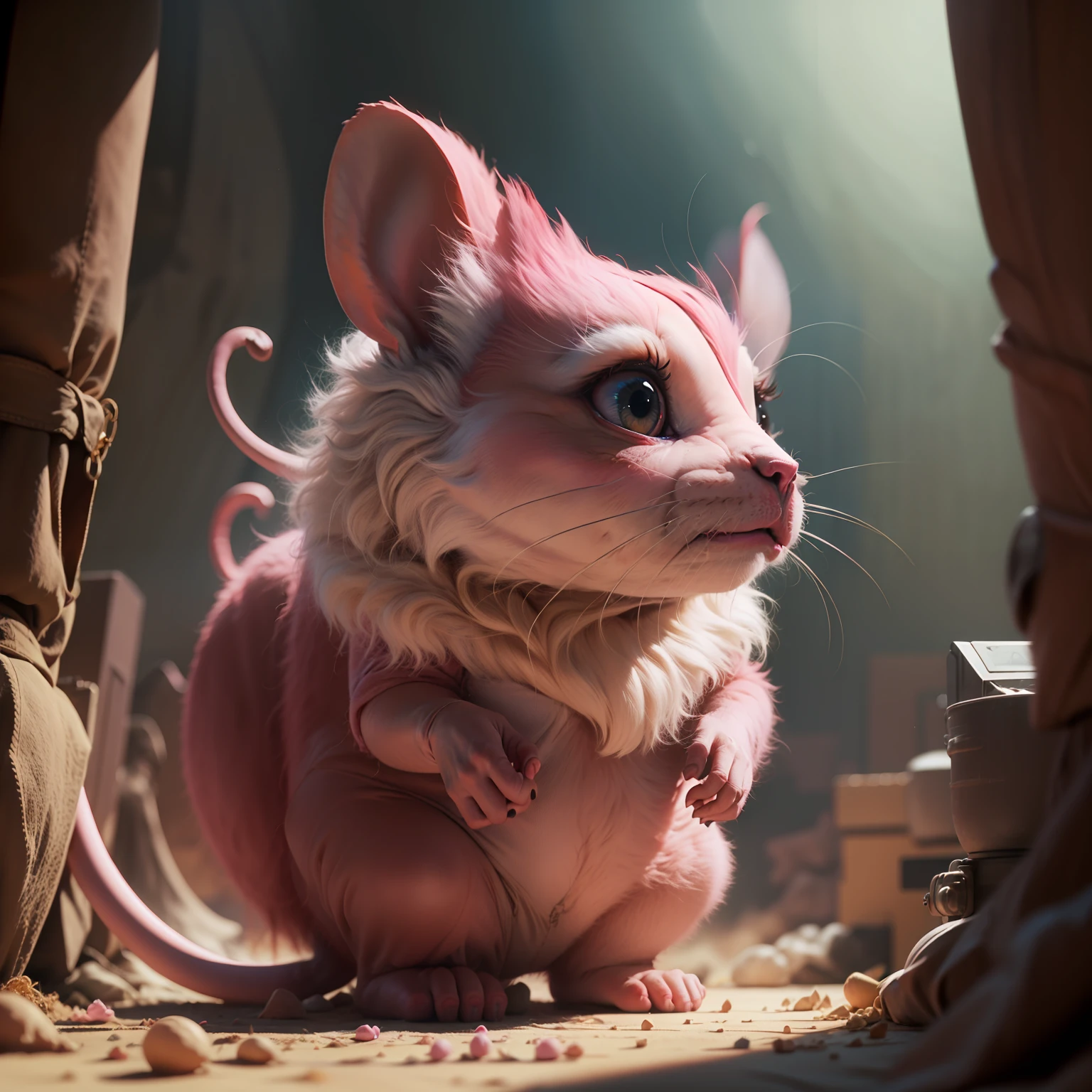 my giant pink pet mouse, sci fi, natural volumetric, horror movie, mystery, fantasia escura 4K lente uhd