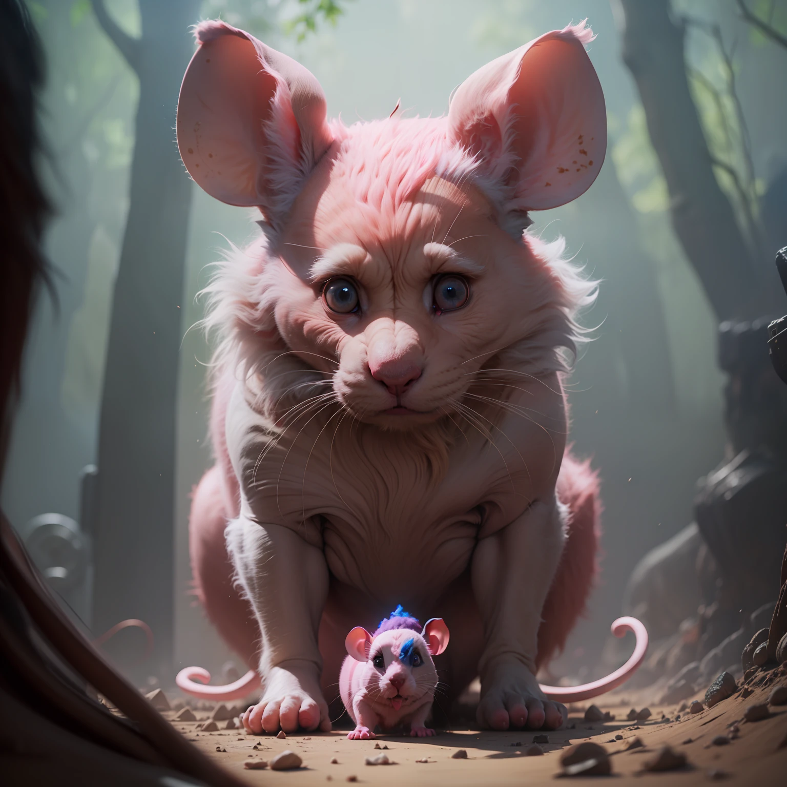 my giant pink pet mouse, sci fi, natural volumetric, horror movie, mystery, fantasia escura 4K lente uhd