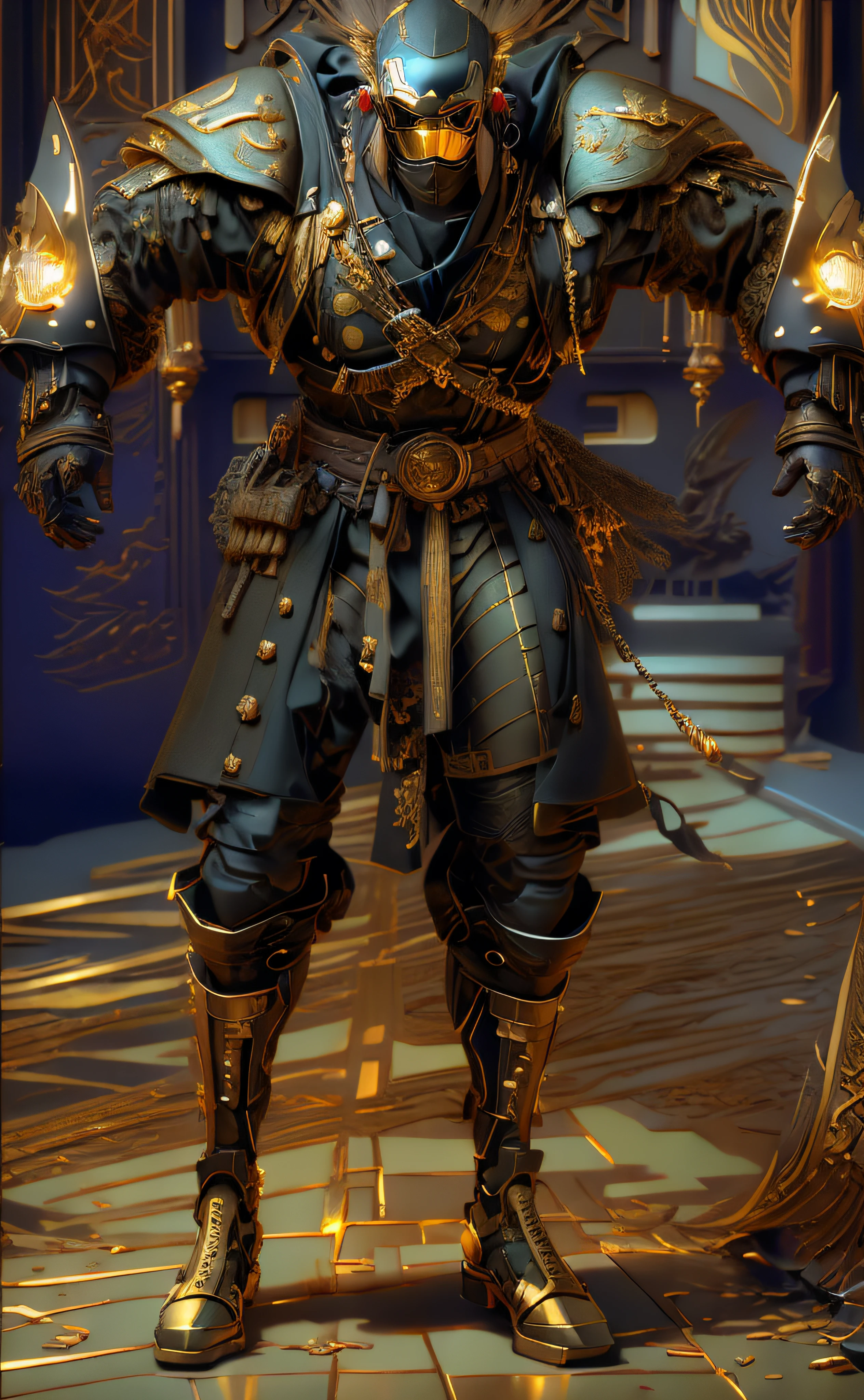 um close up de uma pessoa do sexo masculino em um traje com uma espada, luzes brilhantes na armadura, luz saindo da armadura, golden tech robes, vestes cyberpunk ornamentadas, 8k detalhe insano, cinematic full shot, rachaduras de linha brilhante na armadura, sea of thieves style, cinematic detail, com brilho em algumas de suas partes, pele azulada, 3d render em 8k, melhor qualidade, obra-prima, nikon, luz e sombras realista, 8k, ray tracing, NVIDIA, unreal engine 5,