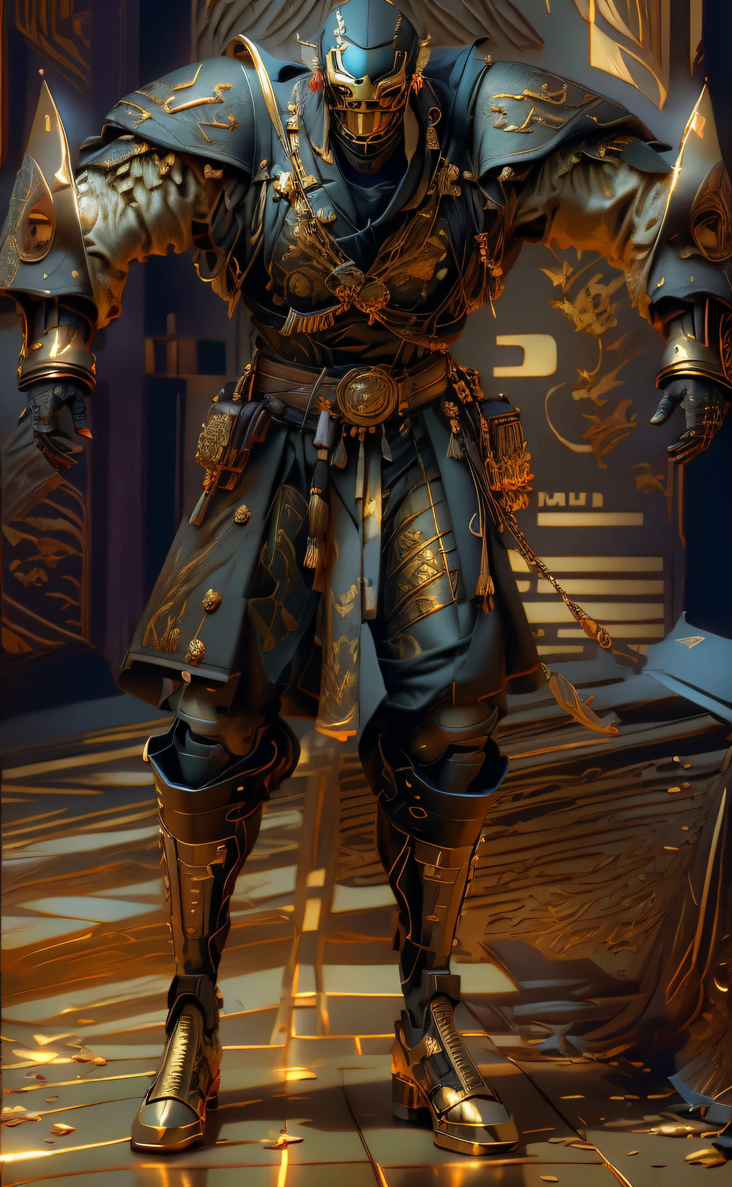 um close up de uma pessoa do sexo masculino em um traje com uma espada, luzes brilhantes na armadura, luz saindo da armadura, golden tech robes, vestes cyberpunk ornamentadas, 8k detalhe insano, cinematic full shot, rachaduras de linha brilhante na armadura, sea of thieves style, cinematic detail, com brilho em algumas de suas partes, pele azulada, 3d render em 8k, melhor qualidade, obra-prima, nikon, luz e sombras realista, 8k, ray tracing, NVIDIA, unreal engine 5,