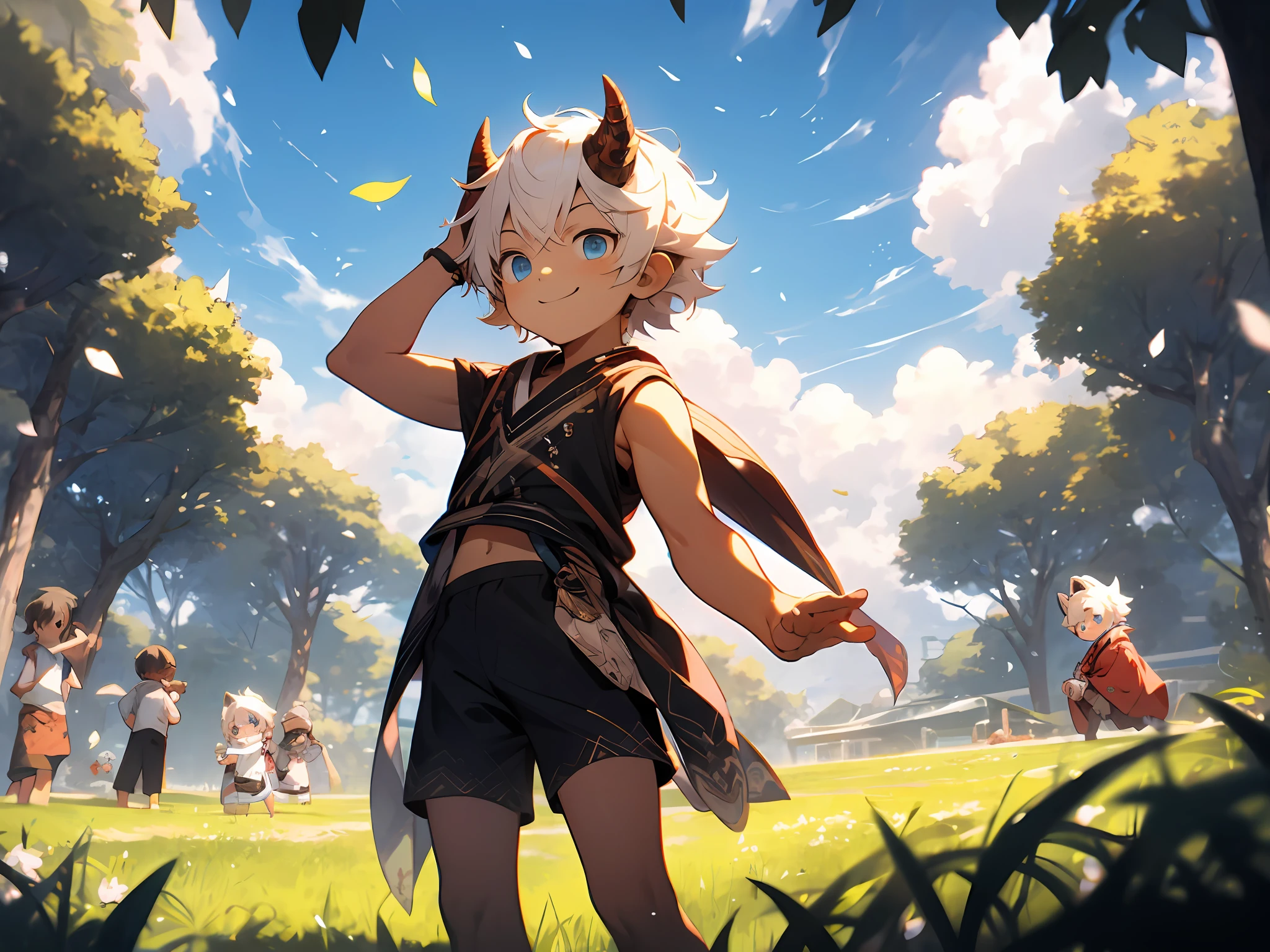 three quarter view，（Shota，iwhite colored hair，ddlers，Blue eyes，Libido boy，mascle）Dragon's horn，Cutes， to stand， Master masterpieces， high resolucion，8K，detailedbackground，highly quality，独奏，knicker，grass field，white blossoms，the falling leaves，the clouds，setting sun，Happy expression