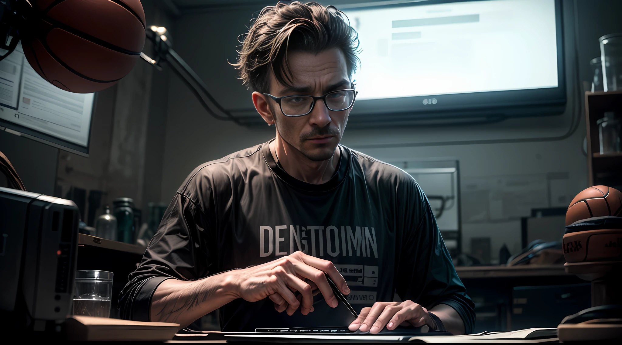 Nerd very thin man, uggly, basketball shirt, typing on a keyboard laptop, crown as a hat,Big glasses  sitting,  detailed eyes, detailed face, inside his lab, 
, crazy scene from a movie, dramatic shooting angle, atmospheric particles,
Real, raw cinematic photorealism, action portrait, 8k, detailed, centered, full frame