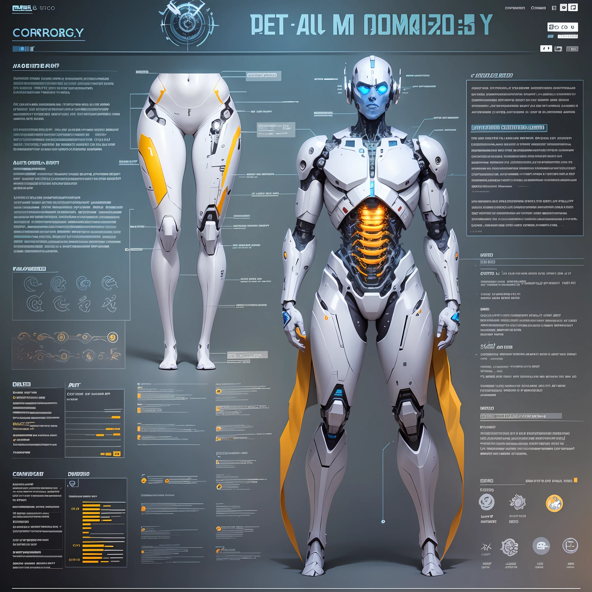 infografico do corpo de um cyborg, estilo blueprint --auto