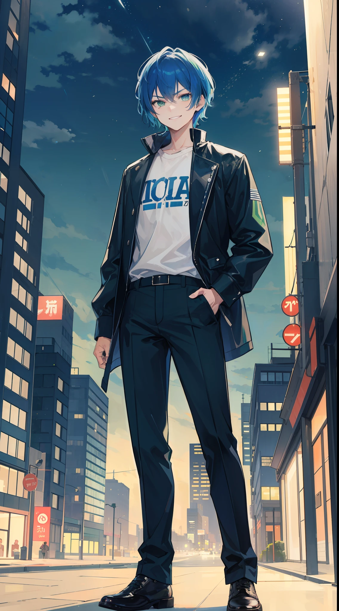 A man, blue hair and bright green eyes, sharp short hair, night, standing in city, badass, mascular, staring intently at the viewer, big smile