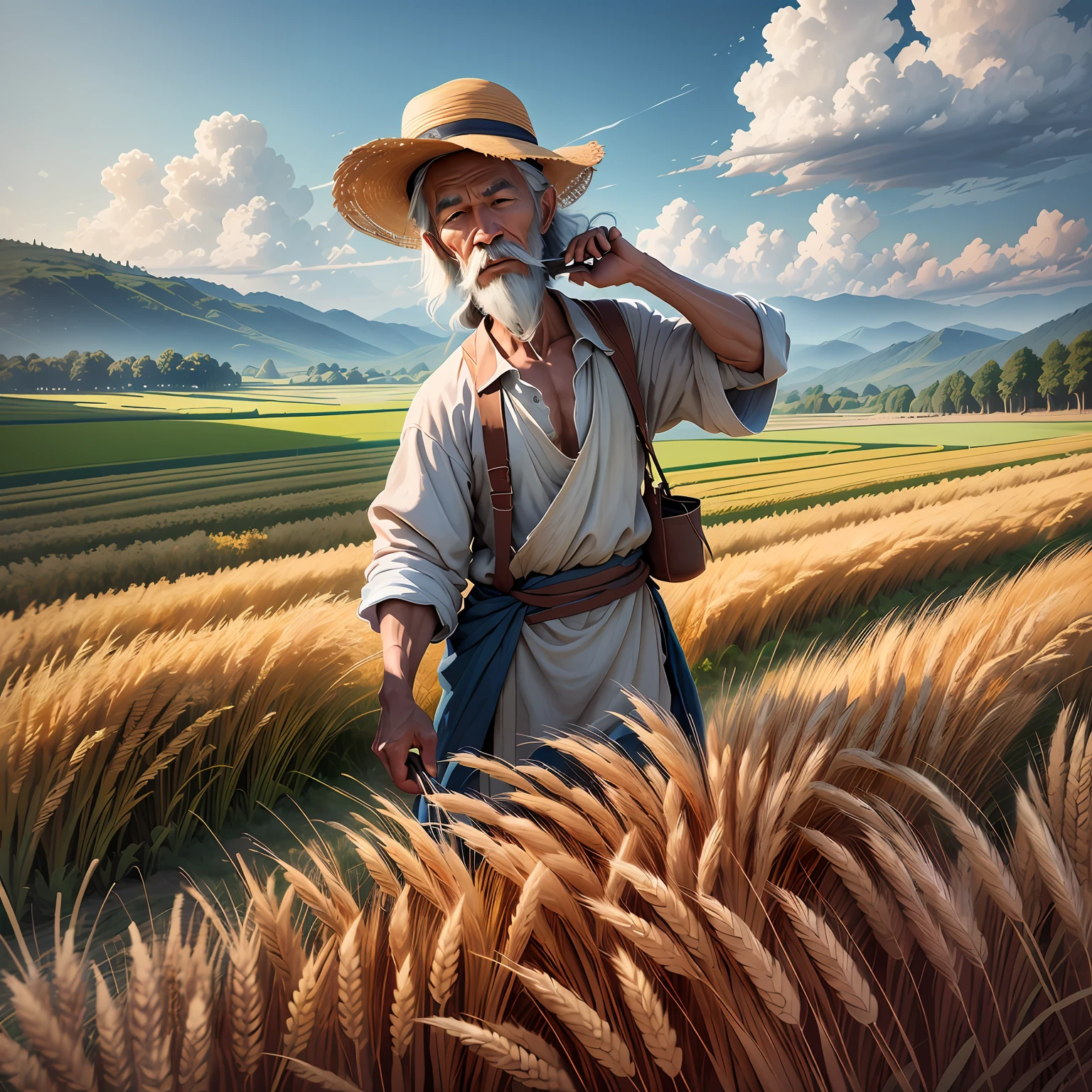 Generate realistic portrait of Man sowing in a field. 2023 thousand years ago and in the background the birds eating the seeds --auto