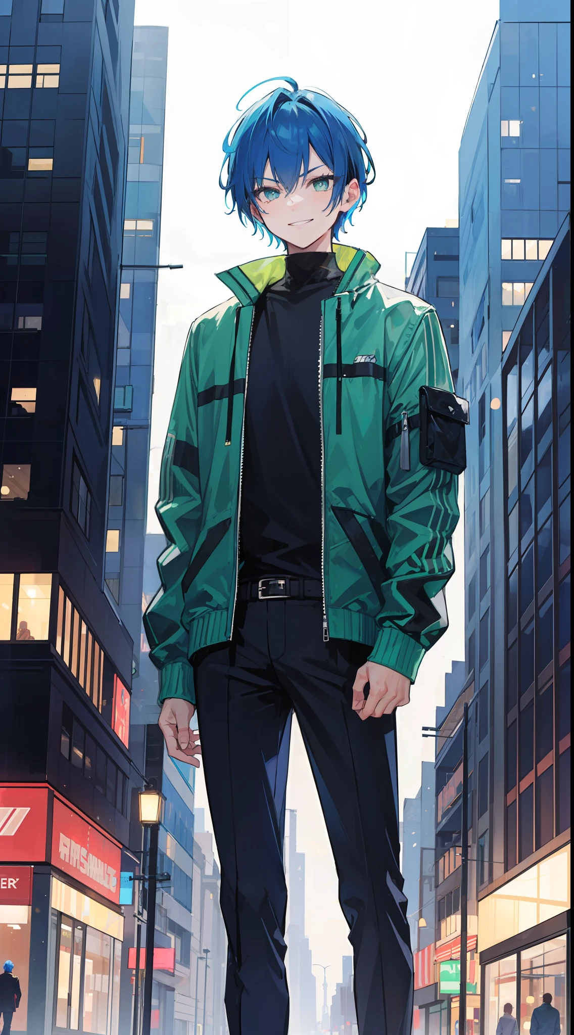 A man, blue hair and bright green eyes, sharp short hair, night, standing in city, badass, mascular, staring intently at the viewer, big smile