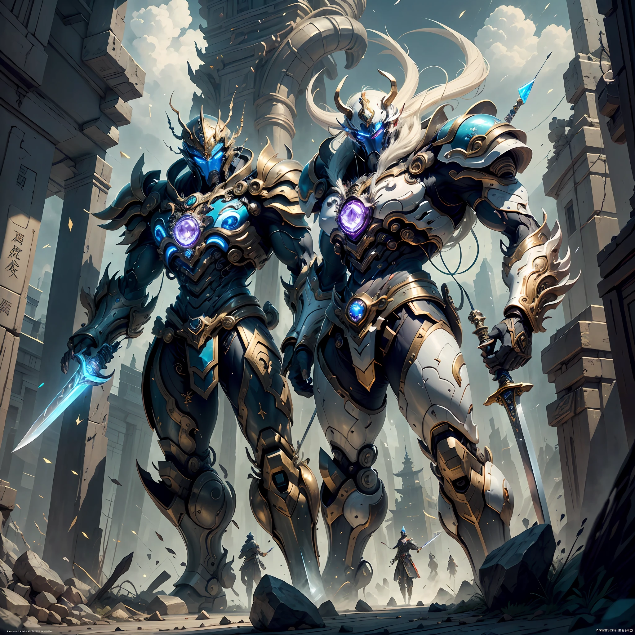 The ultimate king of the universe,Ancient divine beast armor,Ancient legends,Chinese Taoism,mysterious symbols,Ethereal lights,surrounded by cloud,Fighting posture,giant mecha,(Smooth surface),Stand on a cliff overlooking the night view,Cyberpunk-city,White is the main color，With red、Bright decorative colors such as blue and gold。There are powerful thrusters,(crystal:1.3),(((巨作))),(((Best quality))),((ultra -detailed))((Extremely detailed CG)),((16K resolution))((An extremely delicate and beautiful)),{Photorealistic},Full of detailed light blooms,A masterpiece from the Canon EOS R6 shooting,((nmasterpiece)) ,cinematiclight,独奏,Unreal Engine 5,(holding long sword:1.4),Chinese Longquan sword,Superb craftsmanship、An elegant and powerful sword。The blade is slender and graceful，Forged using traditional techniques。The body of the knife is carved with fine ornaments，Showcasing mythical creatures and symbols of power。The handle is made of precious ivory material)