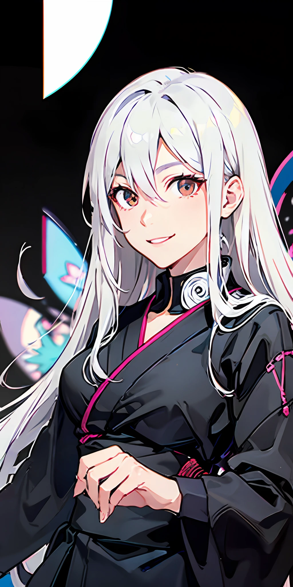 jujutsu kaisen, best quality, highres, extremely detailed character, a girl, light smile, closed mouth, beautiful detailed eyes, brown eyes, beautiful detailed black jujutsu clothes, long hair, hair between eyes, white hair
