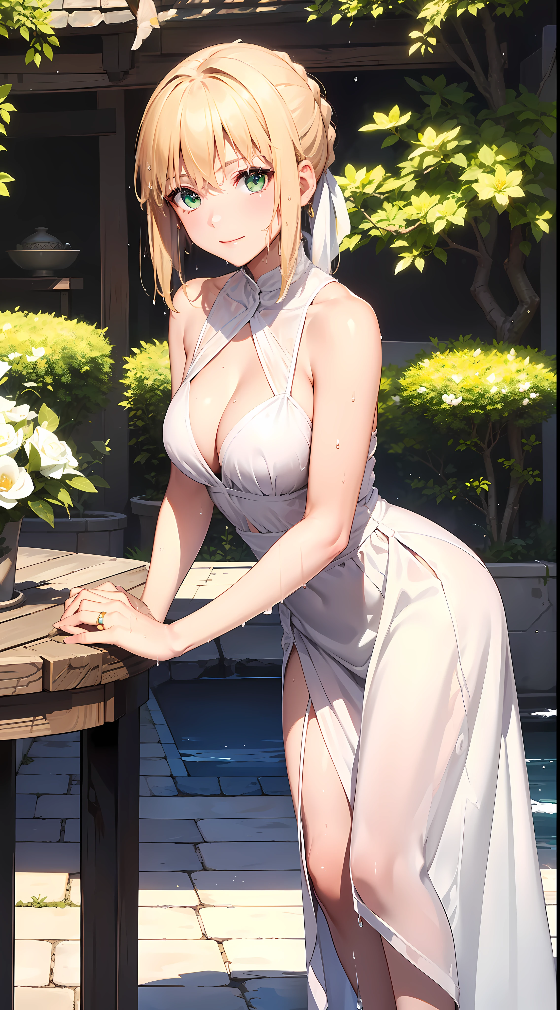 ((Masterpiece)), the highest quality, a beautiful and intricate golden-haired Saber stands facing the viewer. Shoulder length hair frames her delicate face and highlights her green eyes. She is smiling and seems to be resting her face in her hand, which is supported by a table. c cup beautiful breast:1.0, The scene features a tranquil, inner garden background, wearing beautiful high cut white dress, focus on upper body:1.1, leaning forward:0.3, ((wet dress))