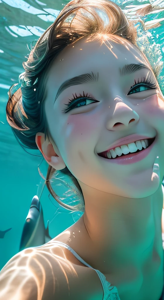 girl on top, cute, beautiful lingerie, perfect face, blue eyes, lace panties, panties visible, lace lingerie, smile, diving, underwater, shuixia, break, blue tones, ((dolphin, riding dolphin))), girl sitting on dolphin