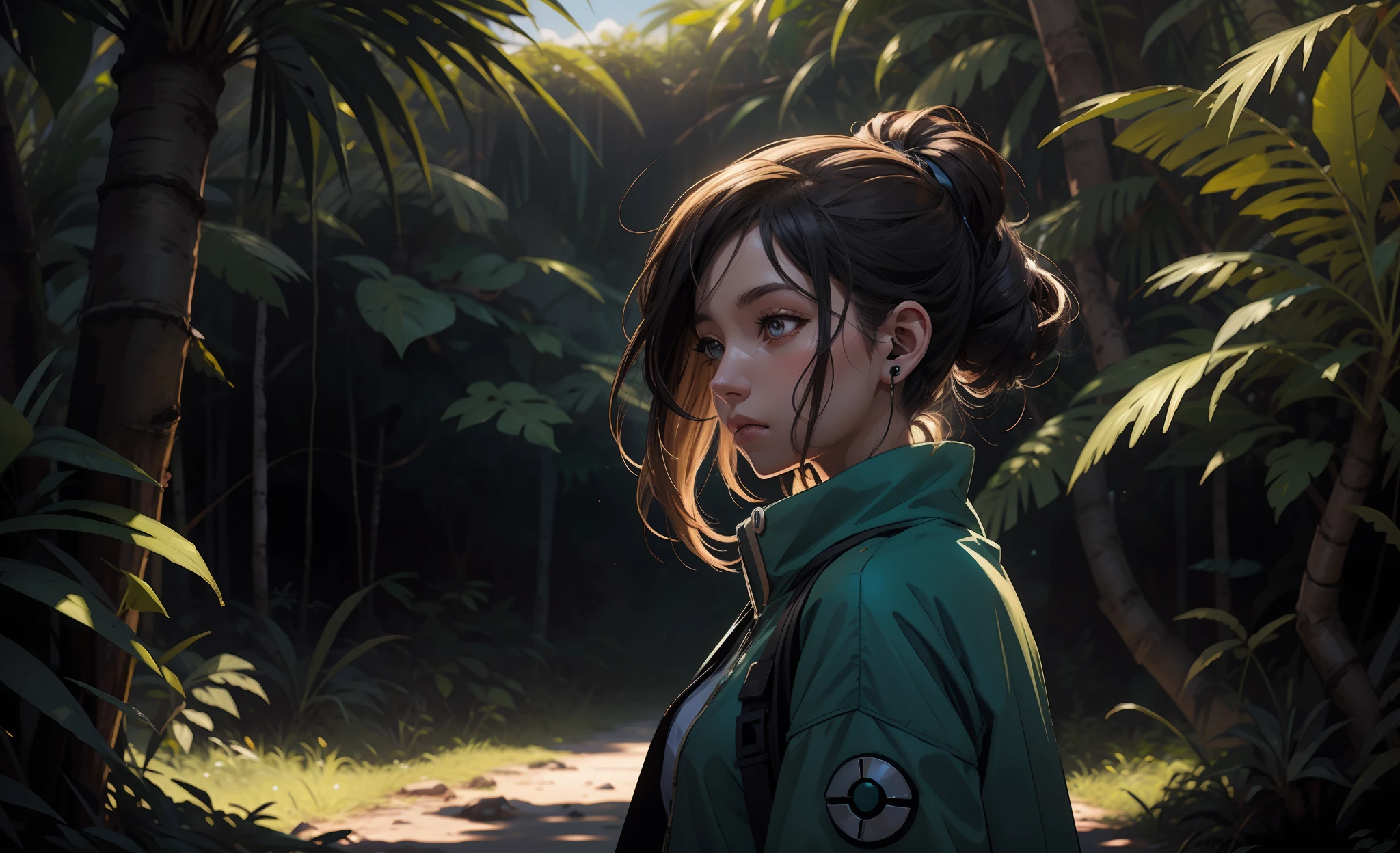 lofistudy, 1girl, escrita, de lado, serena \(pokemon\), cabelo preto e azul, cabelo curto,(( fones)) de ouvido,  moletom, janela, fundo selva, noite, jungle, Lights in the sky