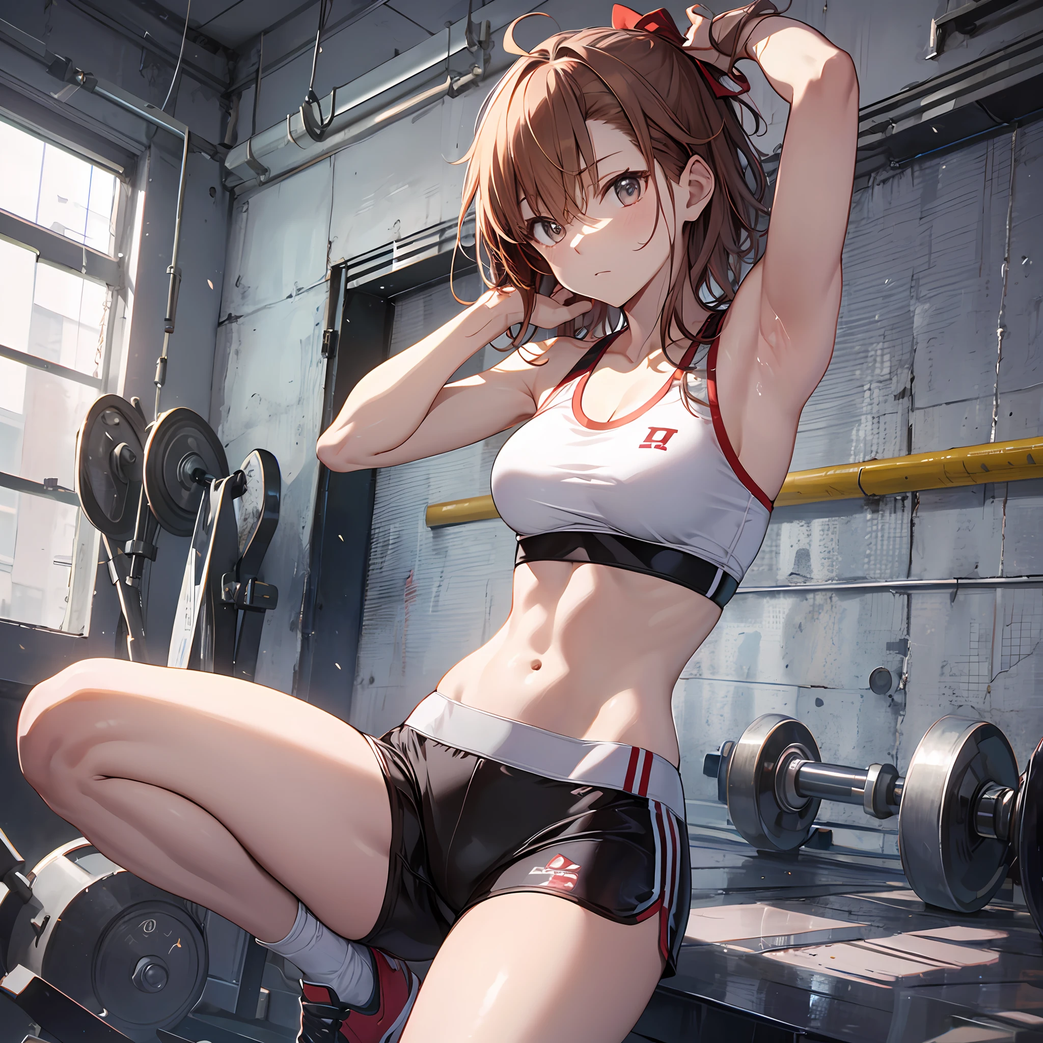 make, 4K, of the best quality, Misaka Mikoto, ribbon from, Sports Bra, Latex Shorts, are standing, arms folded,、cool expression　Inside a beautiful gym　random posing