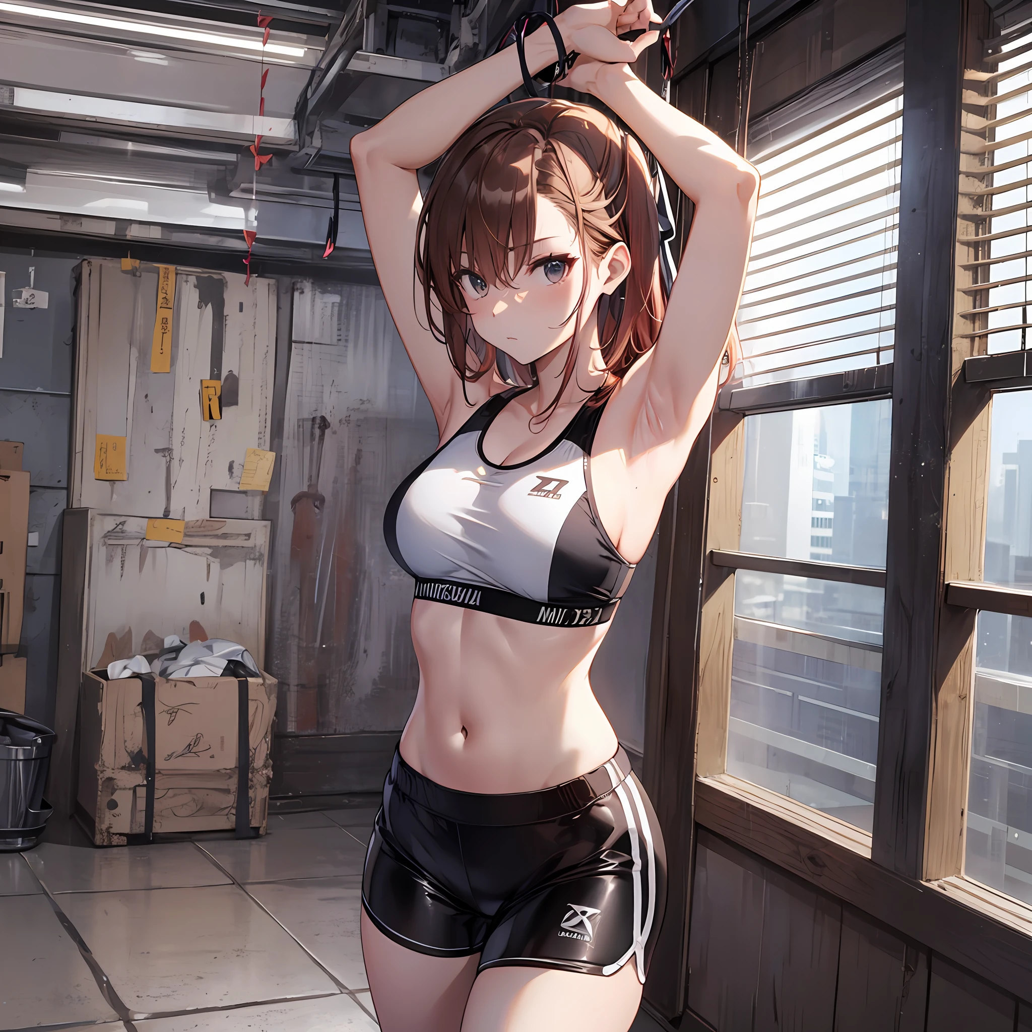 A masterpice, 4K, of the best quality, Misaka Mikoto, ribbon from, Sports Bra, Latex Shorts, are standing, arms folded,、cool expression Beautiful gym random posing