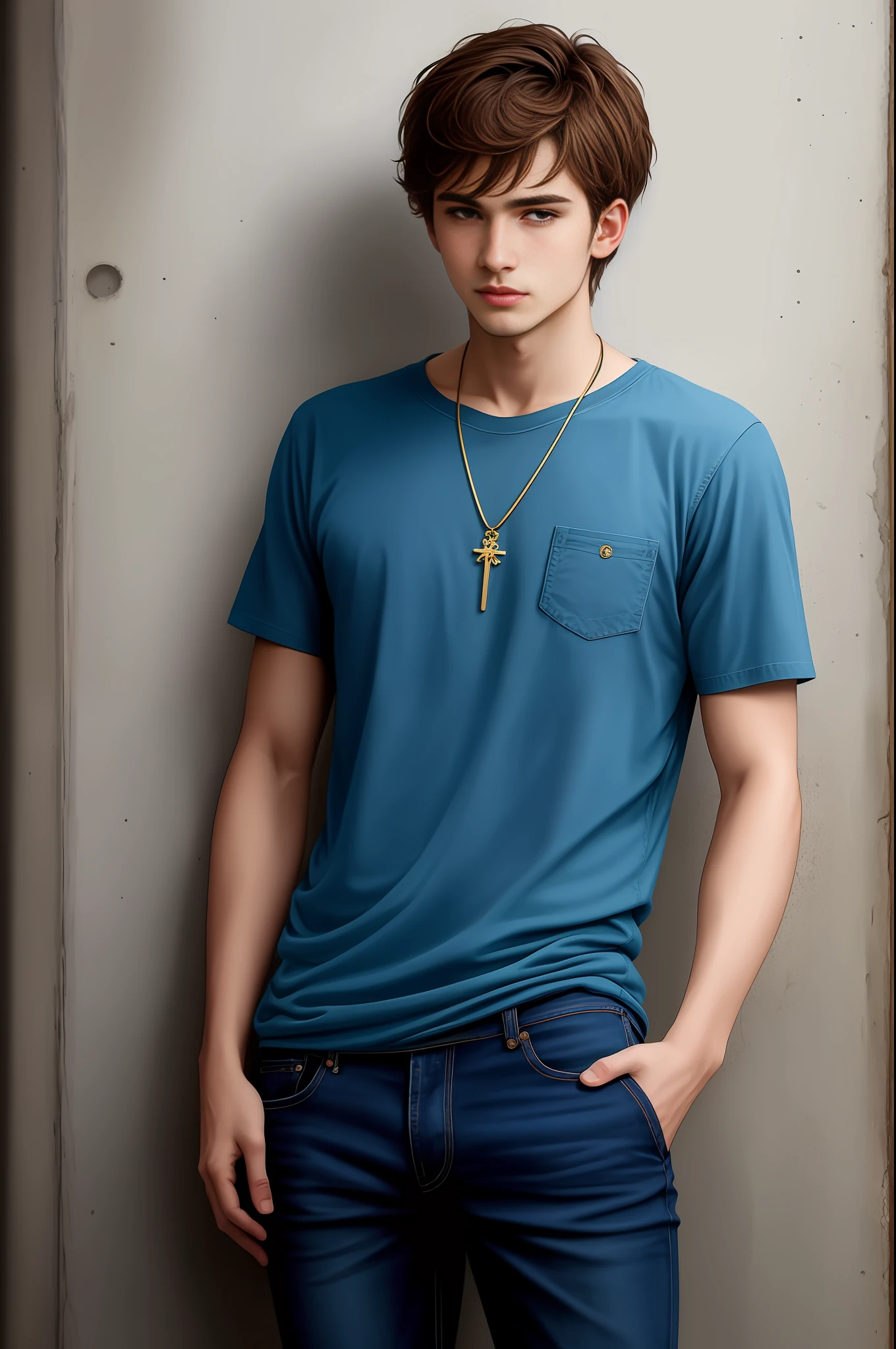 Nome: Lucas
Idade: 25 years
Description: Lucas is a young man of average height, messy brown hair and expressive eyes. Ele se veste de forma moderna, com jeans rasgados, camiseta estampada e uma jaqueta de couro. Around the neck, He wears a necklace with a pendant symbolizing his faith.