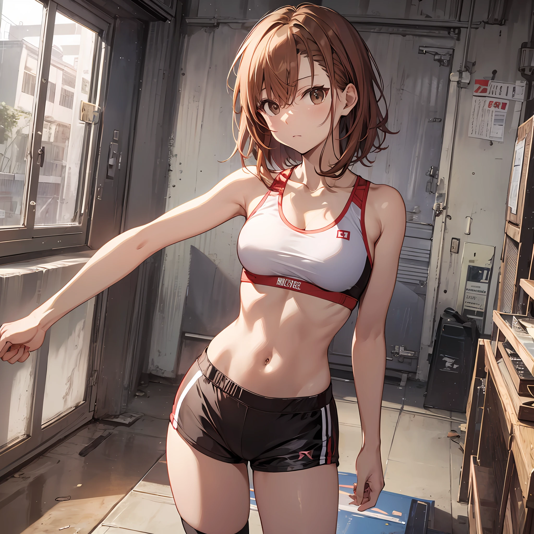 A masterpice, 4K, of the best quality, Misaka Mikoto, ribbon from, Sports Bra, Latex Shorts, are standing, arms folded,、cool expression　sports gym　random posing　short-cut　Brown eyes