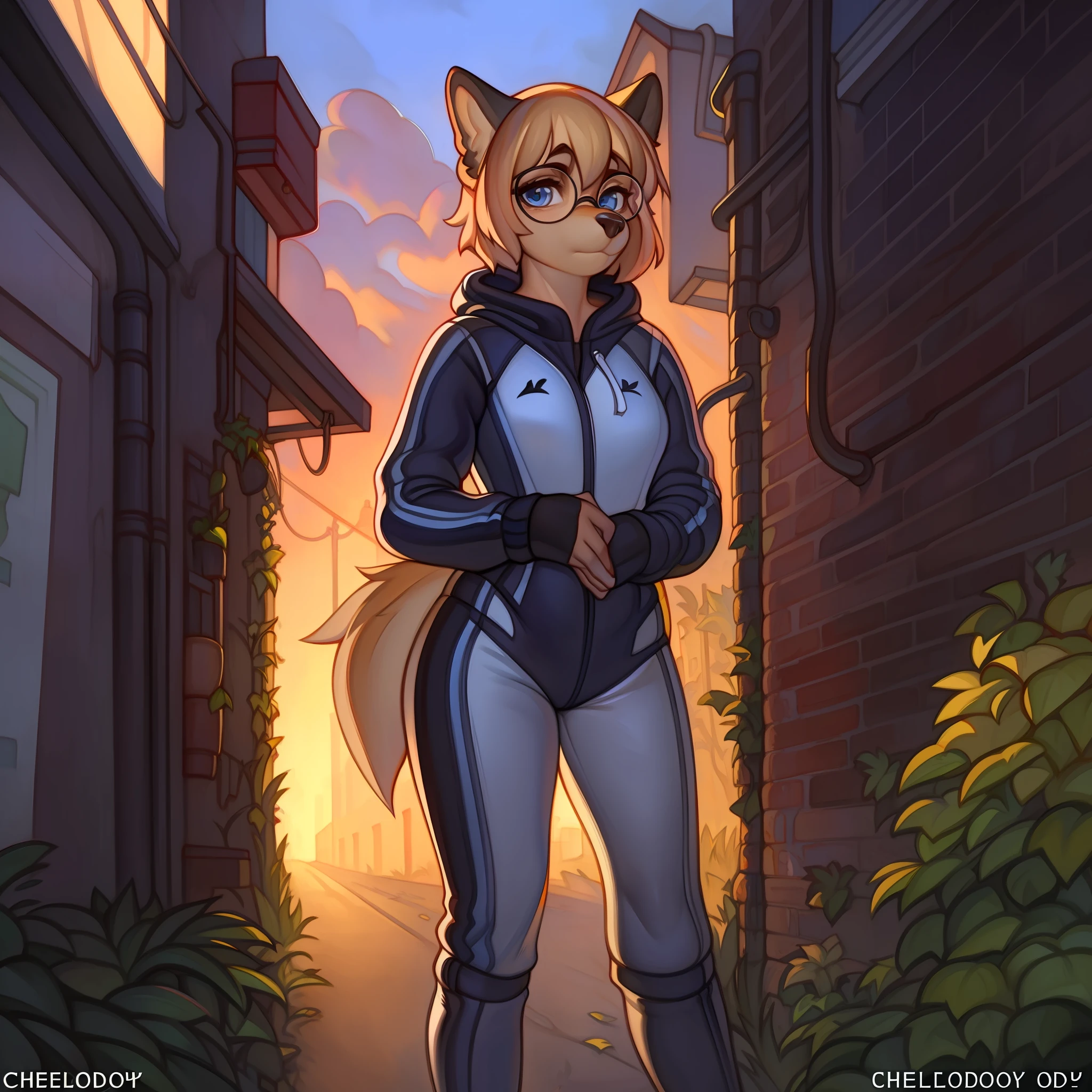 Solo, female, standing, (((by chelodoy))), canine, snout, long snout, glasses, black fur, black body, blue eyes, detailed eyes, detailed hands, white spacesuit, alleyway, plants, golden hour, tan hair, medium hair, bangs, fringe
