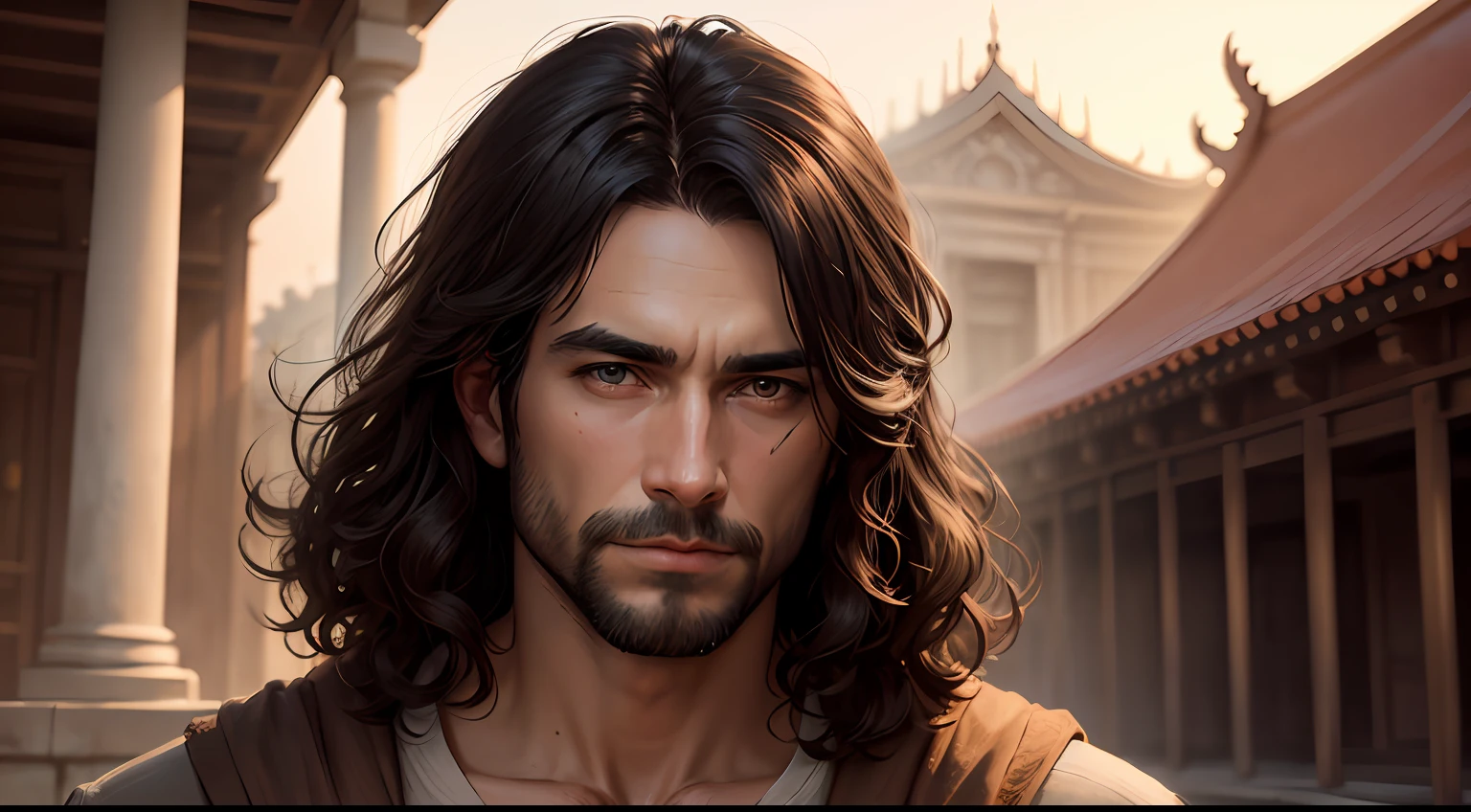 Happy Jesus Christ, man middle aged man , black Hair medium size and curly, dark brown eyes, realistic Style, in the background the temple, image a little further away (ultra-detailed, best quality) --auto