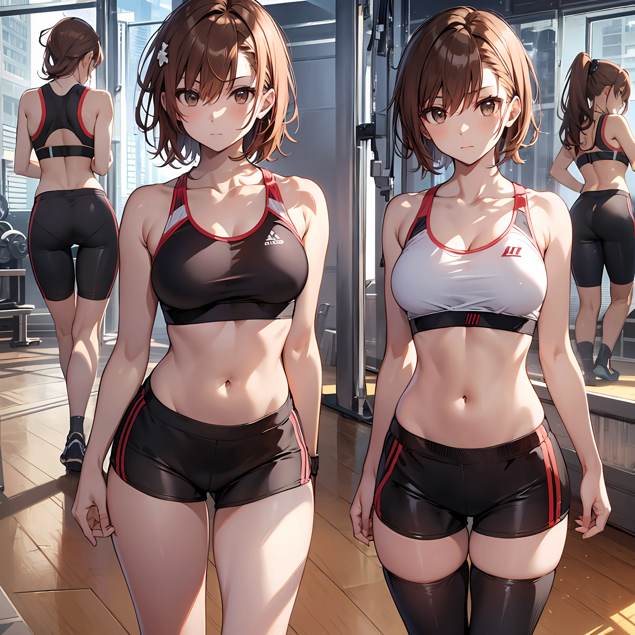 A masterpice, 4K, of the best quality, Misaka_mikoto ribbon from, Sports Bra, Latex Shorts, are standing, arms folded,、cool expression Beautiful gym, brown-eyed, Short_hair, Small_Breast, looking at the viewers