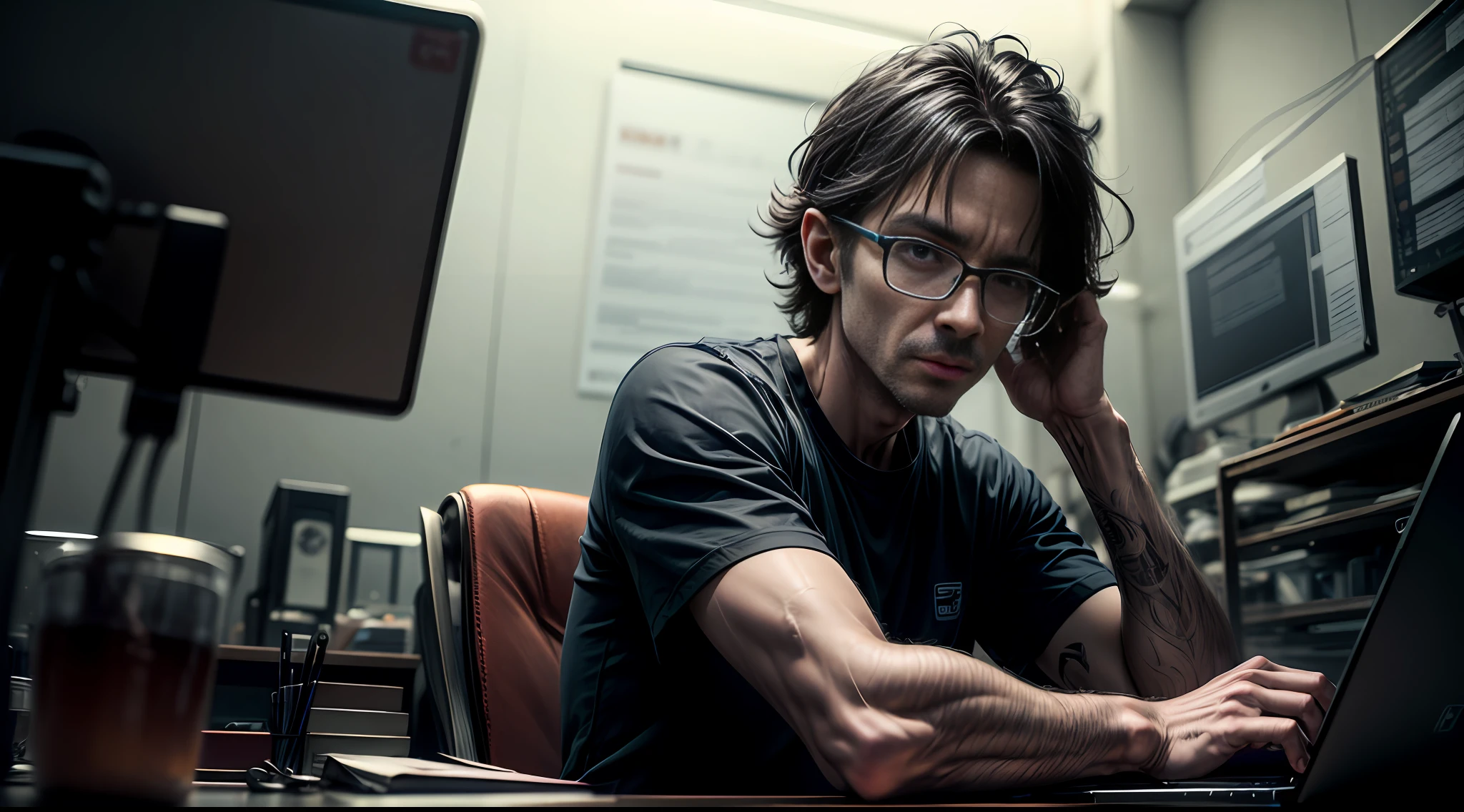 Nerd very thin man, uggly, basketball shirt, typing in a keyboard laptop, Big glasses, sitting, detailed eyes, detailed face, inside his lab,
, crazy scene from a movie, dramatic shooting angle, atmospheric particles,
Real, raw cinematic photorealism, action portrait, 8k, detailed, centered, full frame