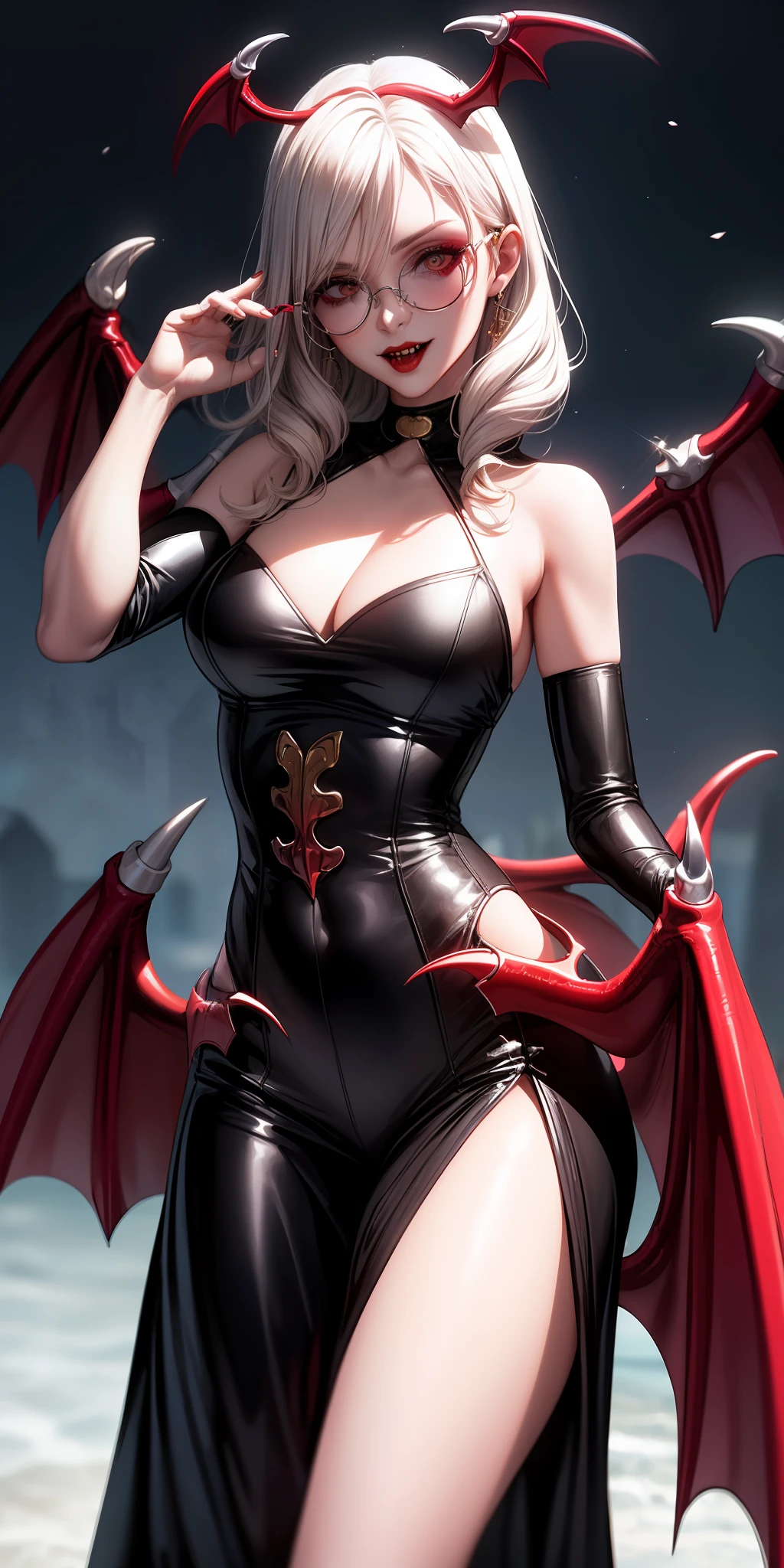(realismo),1 personagem feminina, cabelo preto, olhos brancos,(bright glasses:1.2), top cropped,(saia rodada:1.3 ou saia plissada:1.3), half-open lips, (vampiric appearance:1.4), (bochechas salientes:1.2), noite, exterior de um castelo.
