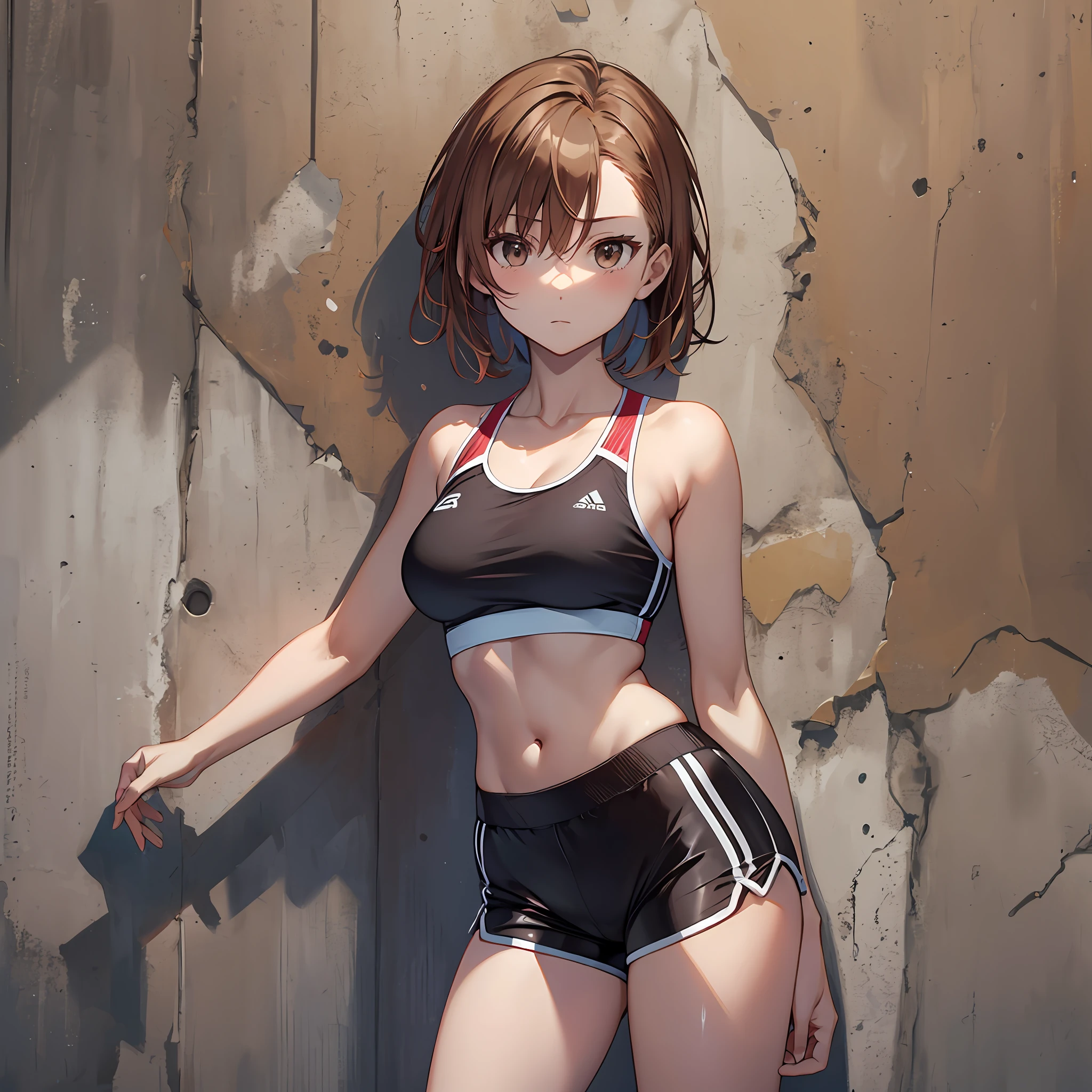 A masterpice, 4K, of the best quality, Misaka_mikoto ribbon from, Sports Bra, Latex Shorts, are standing, arms folded,、cool expression Beautiful gym, brown-eyed, Short_hair, Small_Breast, looking at the viewers