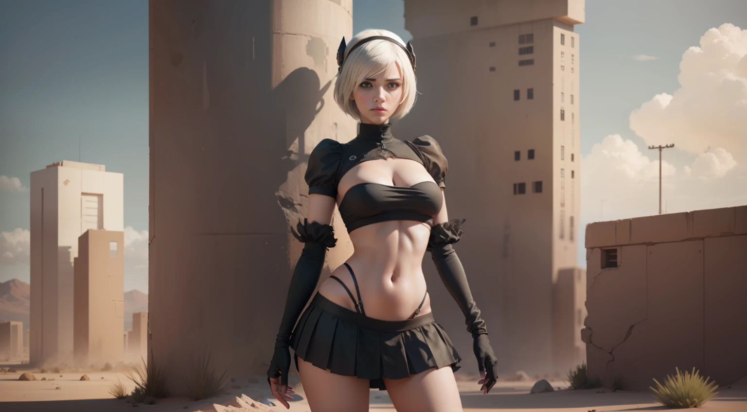 2b de Nier Automata con falda muy corta, sin sujetador, Vestido minimalista, realistic style in a desert post apocalyptic city